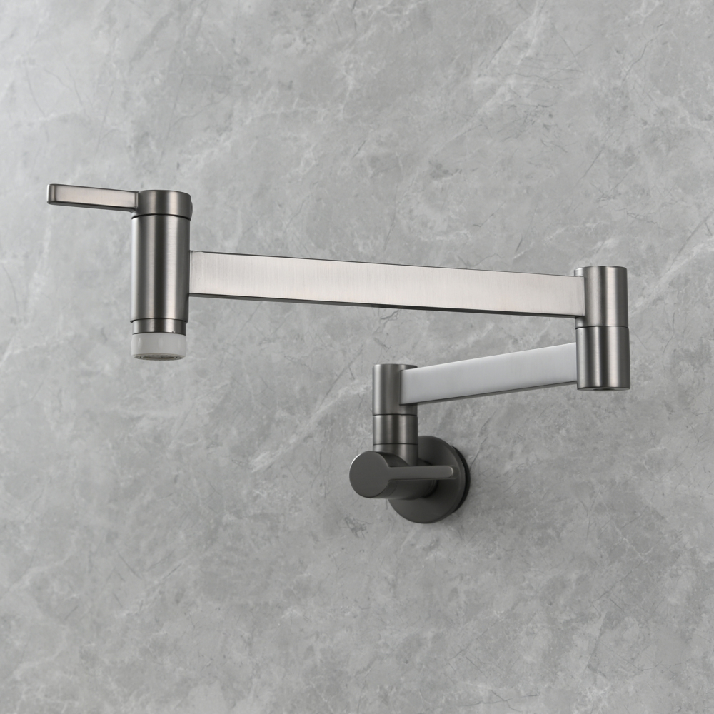 Tecmolog Kitchen Faucet Wall Mount Pot Filler Faucet Brass 360 Rotatable Folding Lengthened with Double Joint Swing Arms,2 Handles Control Water Nickel/Chome/Black/Golden/Brushed Brass