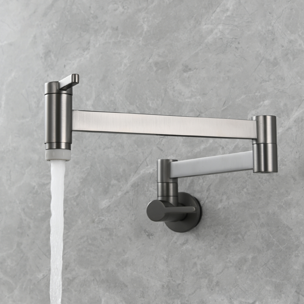 Tecmolog Kitchen Faucet Wall Mount Pot Filler Faucet Brass 360 Rotatable Folding Lengthened with Double Joint Swing Arms,2 Handles Control Water Nickel/Chome/Black/Golden/Brushed Brass