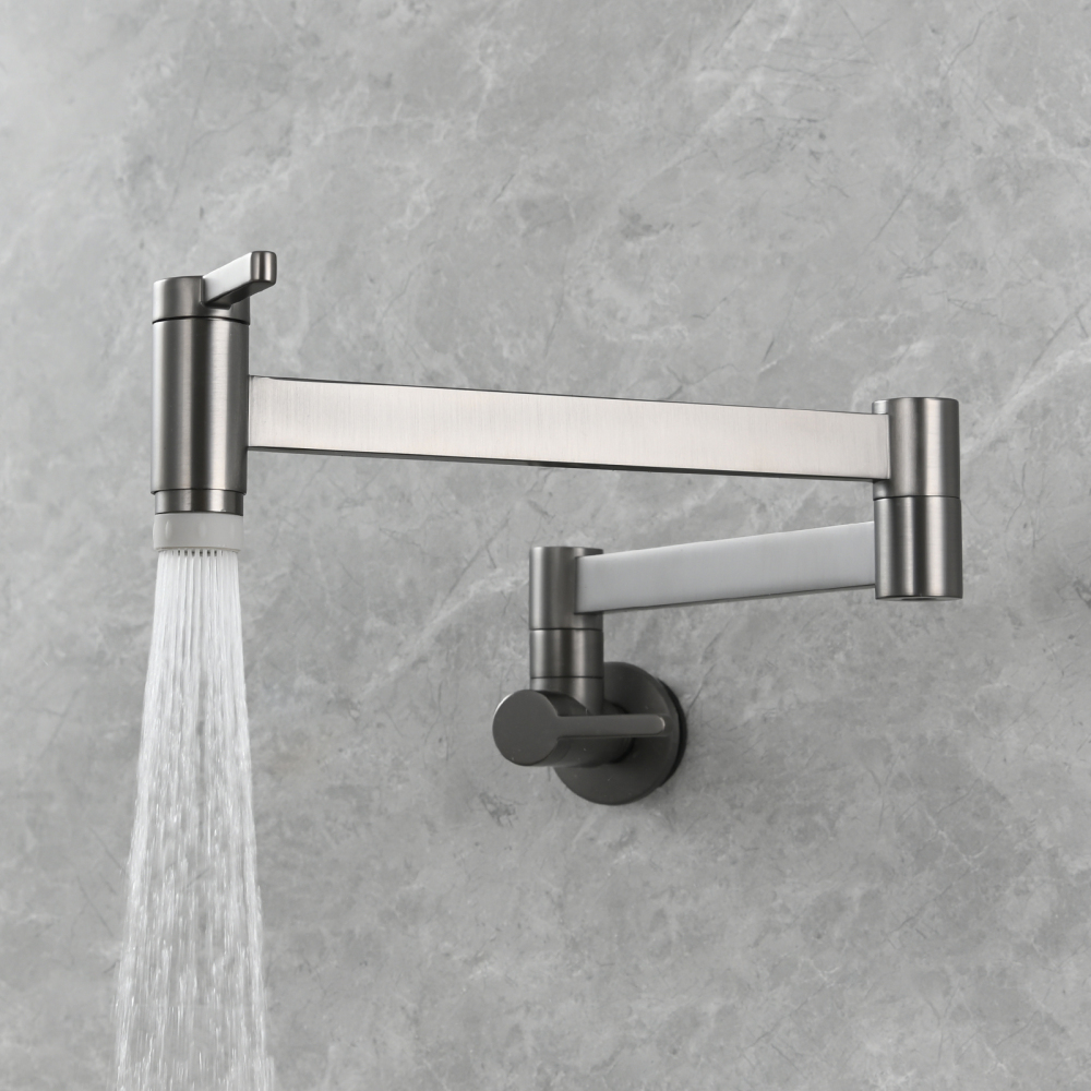 Tecmolog Kitchen Faucet Wall Mount Pot Filler Faucet Brass 360 Rotatable Folding Lengthened with Double Joint Swing Arms,2 Handles Control Water Nickel/Chome/Black/Golden/Brushed Brass