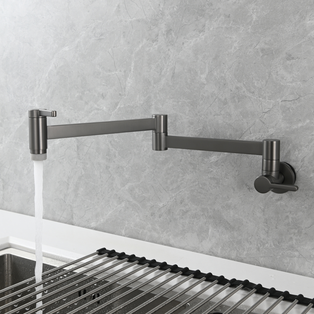 Tecmolog Kitchen Faucet Wall Mount Pot Filler Faucet Brass 360 Rotatable Folding Lengthened with Double Joint Swing Arms,2 Handles Control Water Nickel/Chome/Black/Golden/Brushed Brass