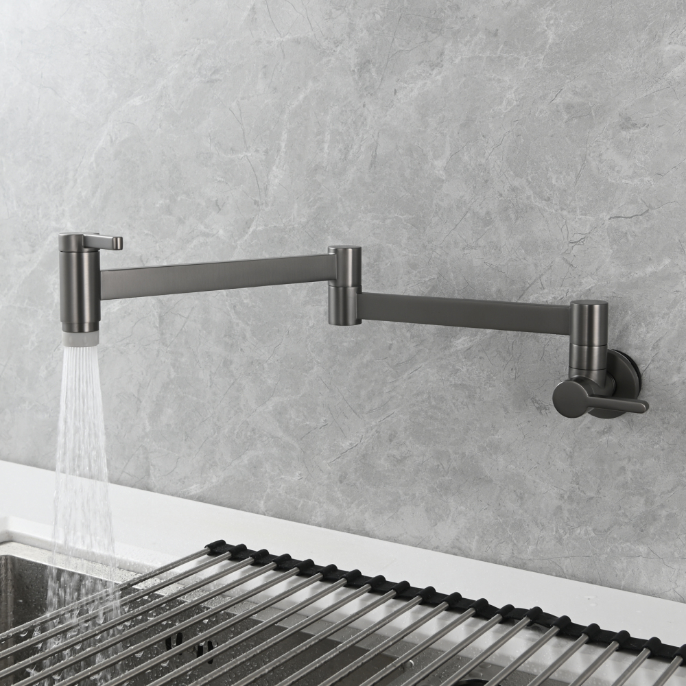 Tecmolog Kitchen Faucet Wall Mount Pot Filler Faucet Brass 360 Rotatable Folding Lengthened with Double Joint Swing Arms,2 Handles Control Water Nickel/Chome/Black/Golden/Brushed Brass