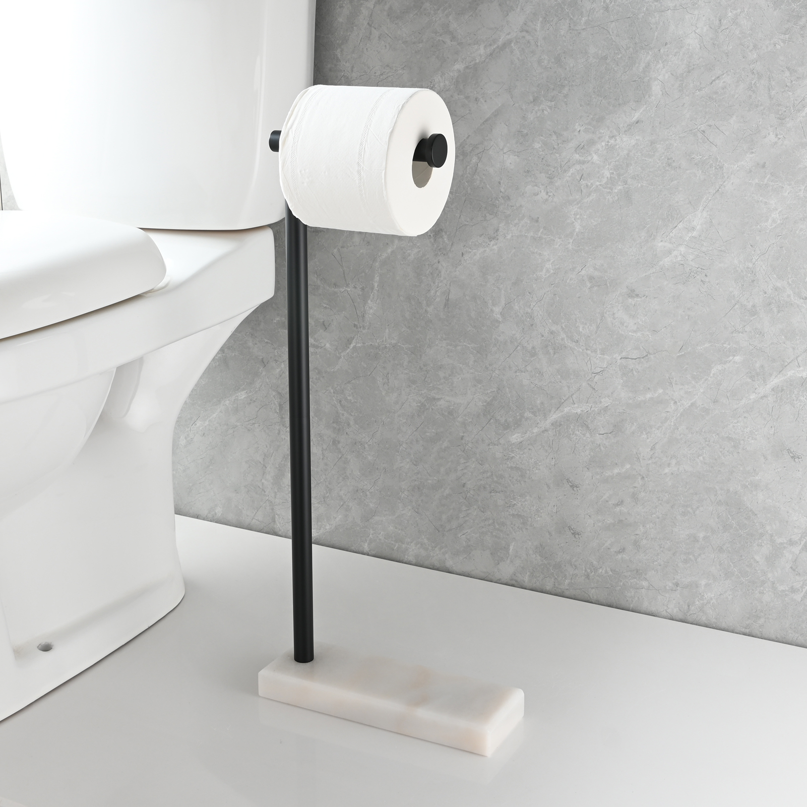 Tecmolog Stainless Steel Toilet Paper Holder Stand, Freestanding Toilet Paper Roll Holder with Modern Natural Marble Base