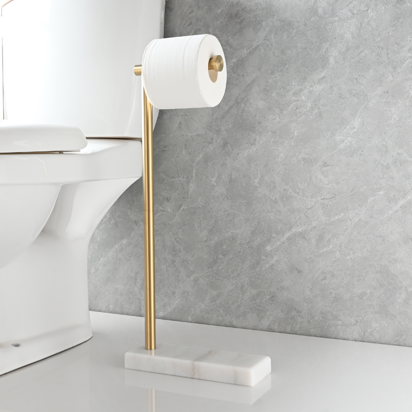 Tecmolog Stainless Steel Toilet Paper Holder Stand, Freestanding Toilet Paper Roll Holder with Modern Natural Marble Base