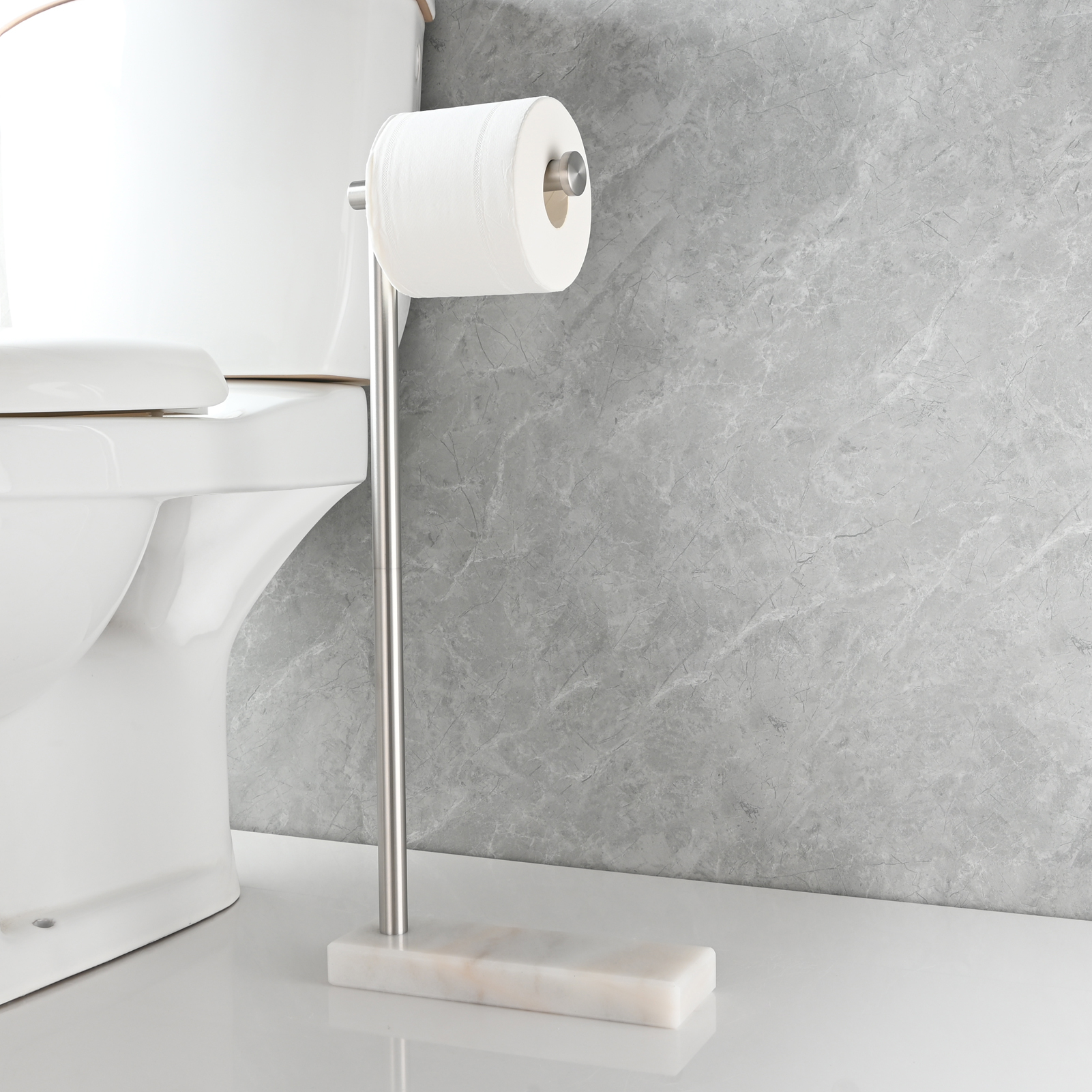 Tecmolog Stainless Steel Toilet Paper Holder Stand, Freestanding Toilet Paper Roll Holder with Modern Natural Marble Base