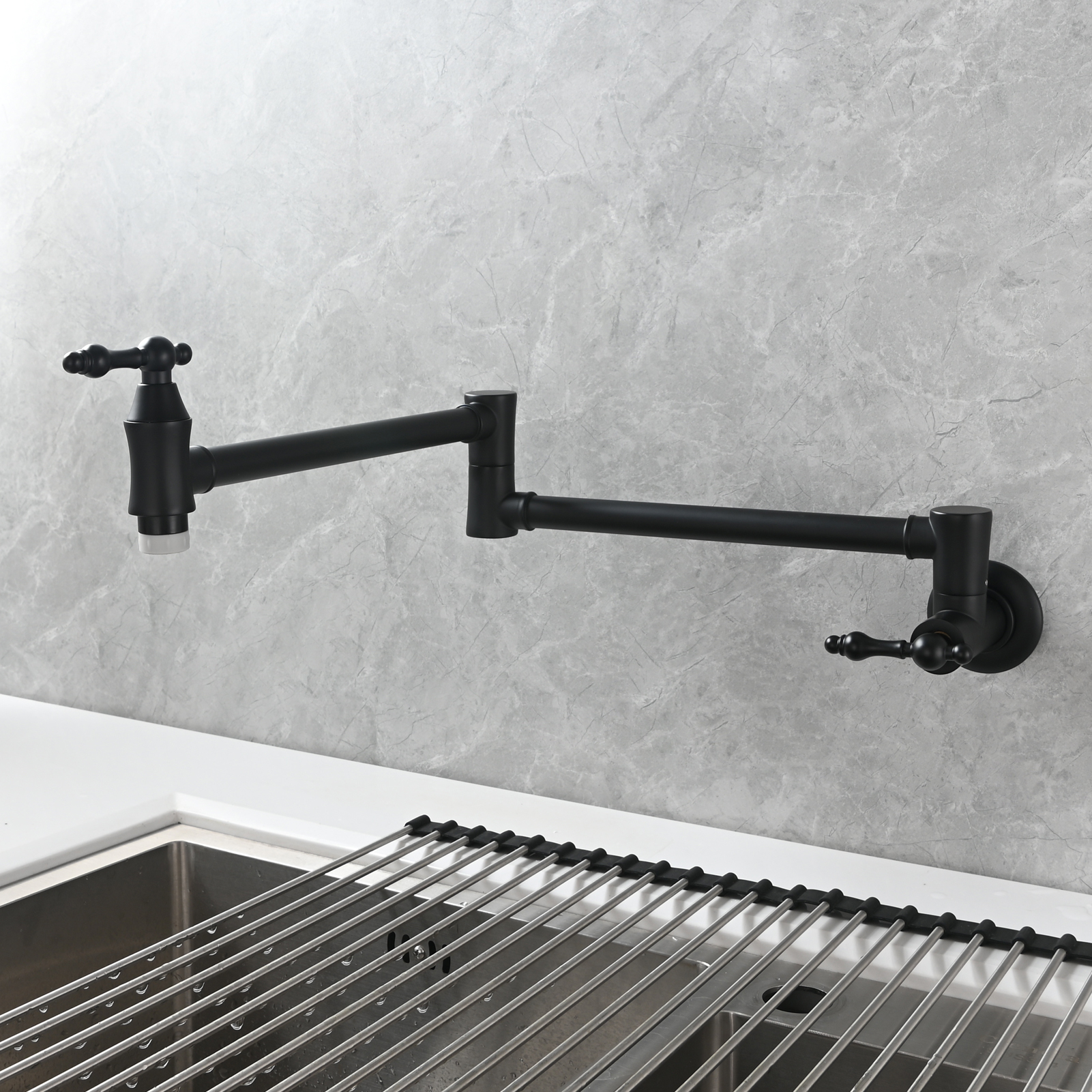 Tecmolog Brass Pot Filler Faucet Wall Mount Kitchen Faucet,Chrome Folding Faucet Stretchable Double Joint Swing Arm