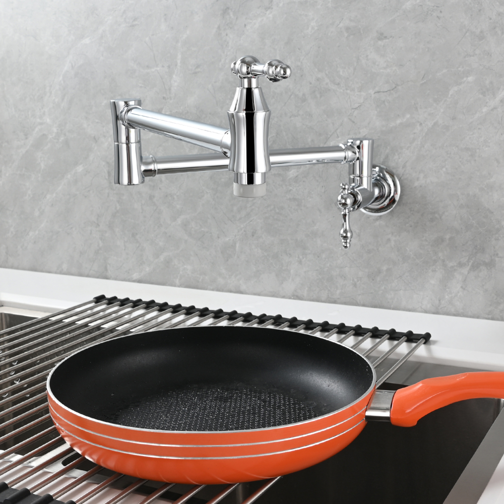 Tecmolog Brass Pot Filler Faucet Wall Mount Kitchen Faucet,Chrome Folding Faucet Stretchable Double Joint Swing Arm