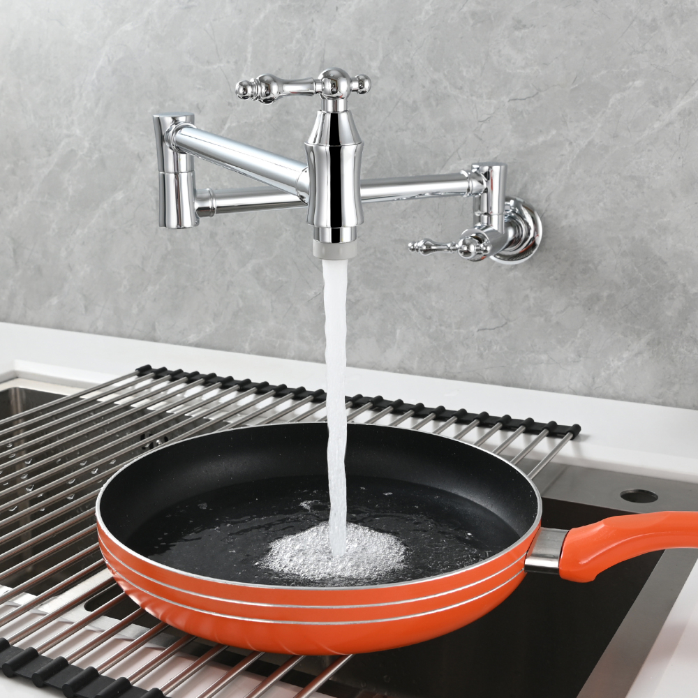 Tecmolog Brass Pot Filler Faucet Wall Mount Kitchen Faucet,Chrome Folding Faucet Stretchable Double Joint Swing Arm