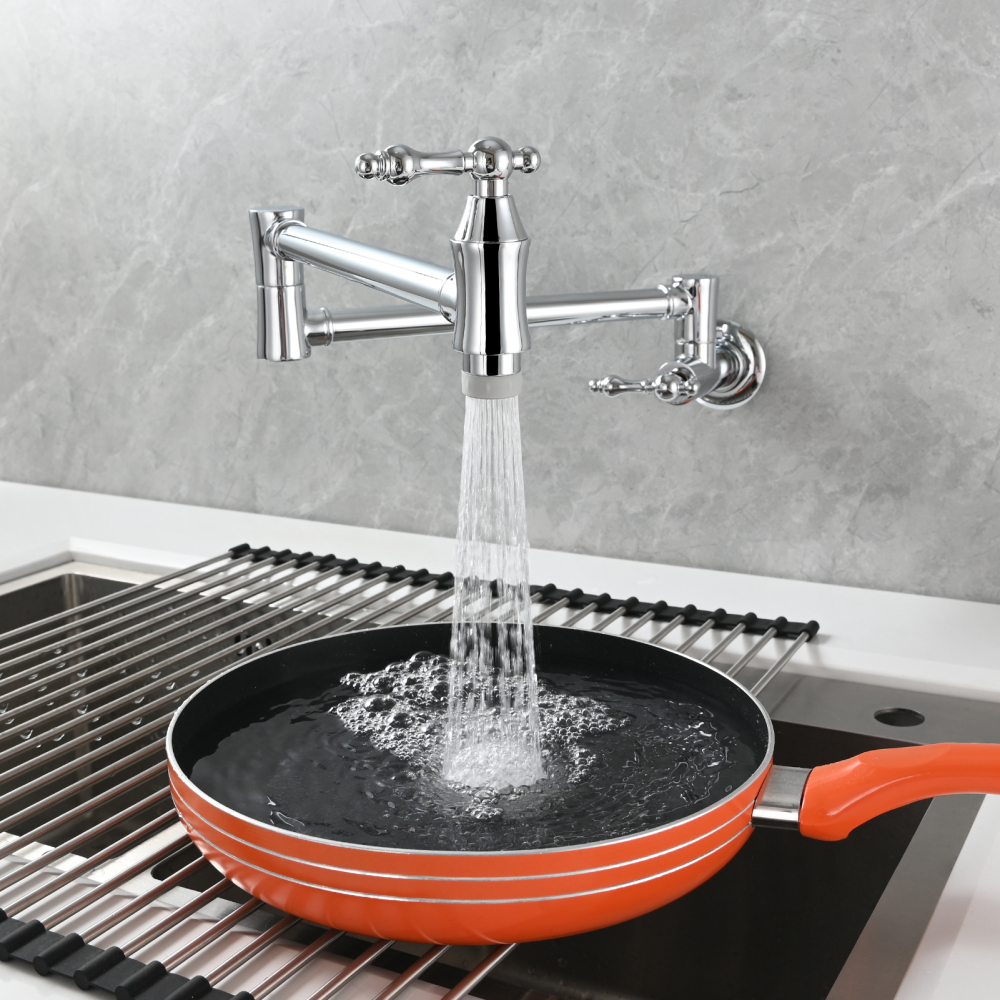 Tecmolog Brass Pot Filler Faucet Wall Mount Kitchen Faucet,Chrome Folding Faucet Stretchable Double Joint Swing Arm