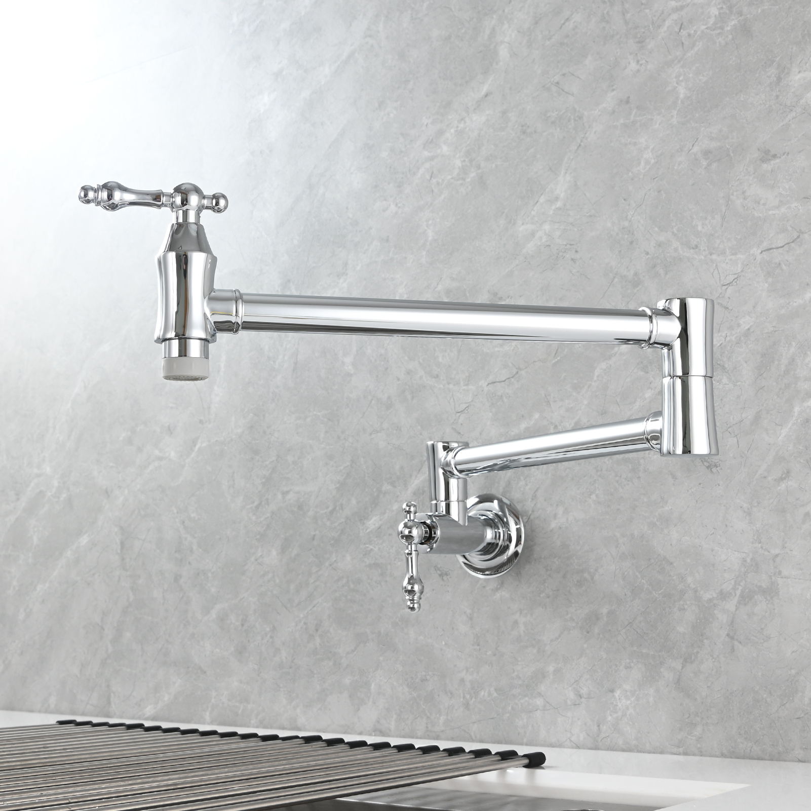 Tecmolog Brass Pot Filler Faucet Wall Mount Kitchen Faucet,Chrome Folding Faucet Stretchable Double Joint Swing Arm