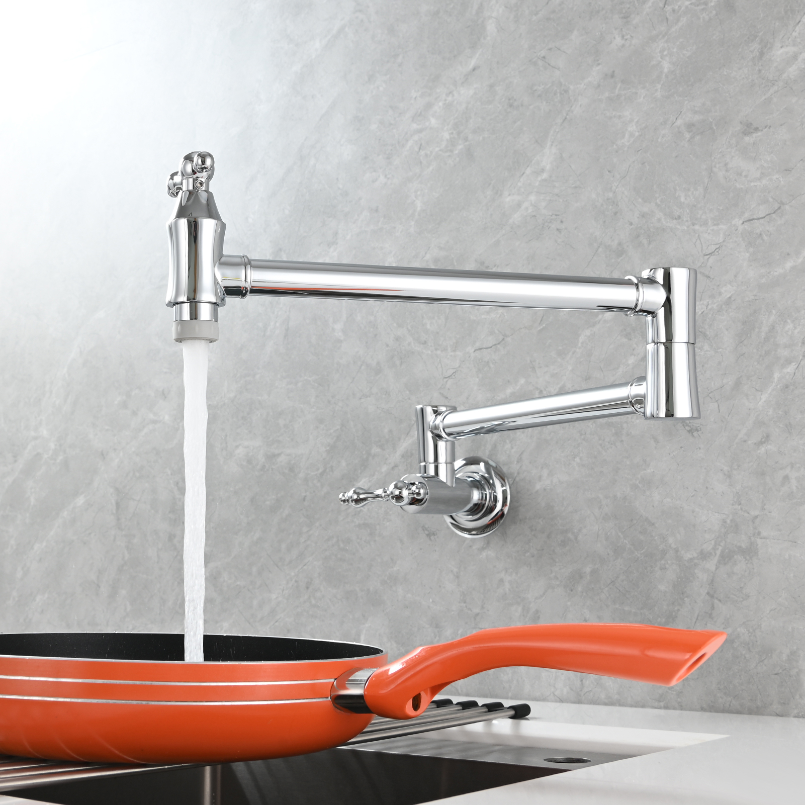 Tecmolog Brass Pot Filler Faucet Wall Mount Kitchen Faucet,Chrome Folding Faucet Stretchable Double Joint Swing Arm