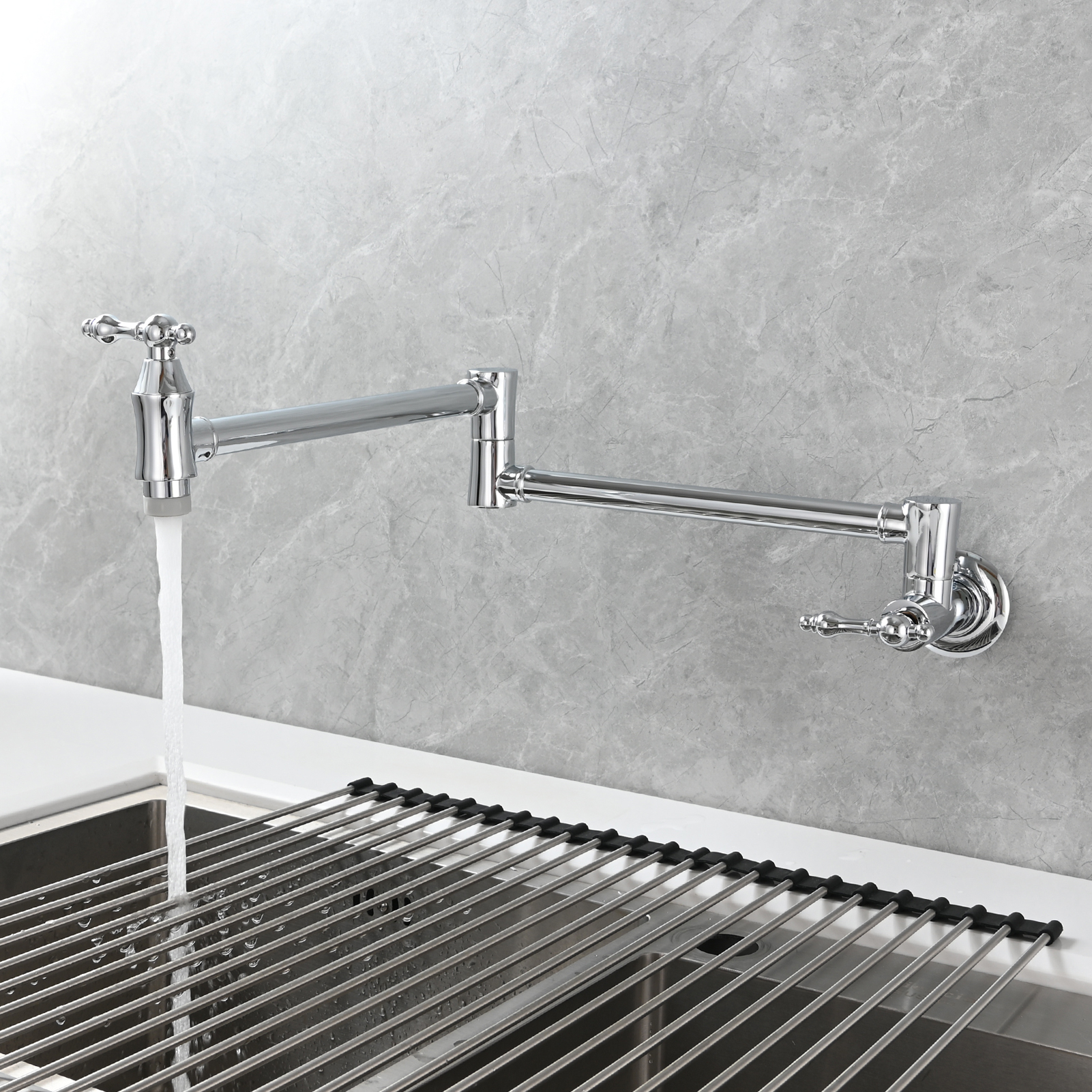Tecmolog Brass Pot Filler Faucet Wall Mount Kitchen Faucet,Chrome Folding Faucet Stretchable Double Joint Swing Arm