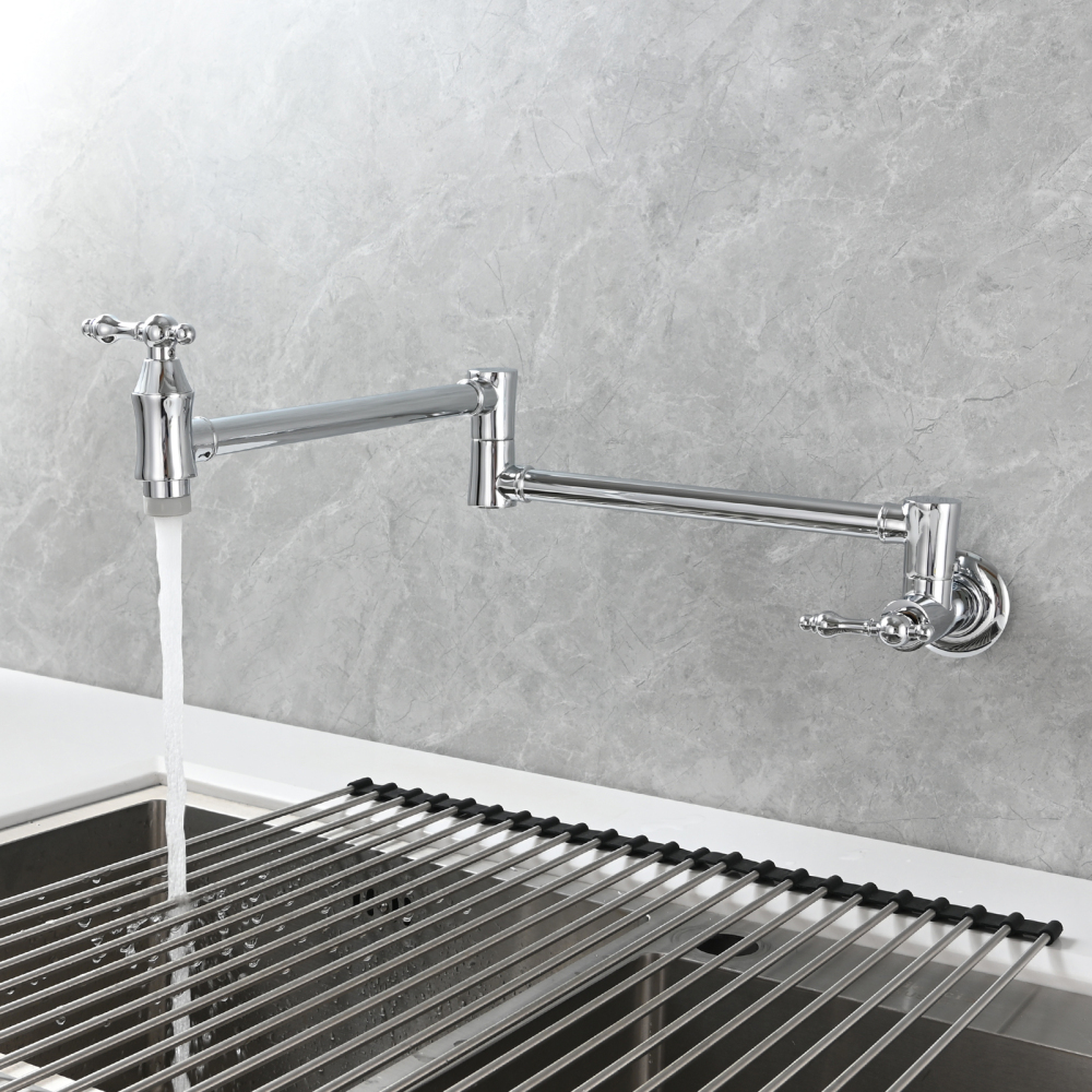 Tecmolog Brass Pot Filler Faucet Wall Mount Kitchen Faucet,Chrome Folding Faucet Stretchable Double Joint Swing Arm