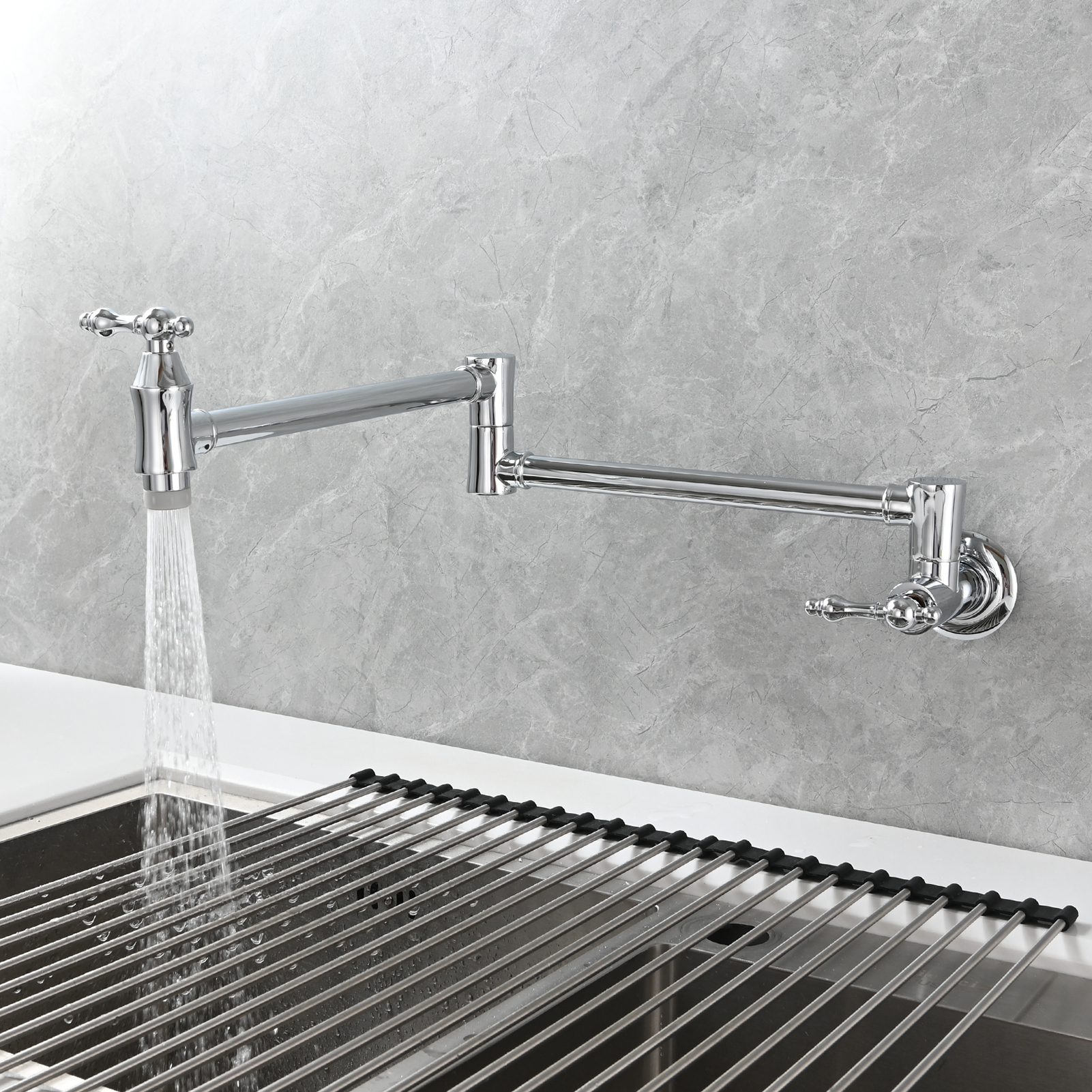 Tecmolog Brass Pot Filler Faucet Wall Mount Kitchen Faucet,Chrome Folding Faucet Stretchable Double Joint Swing Arm