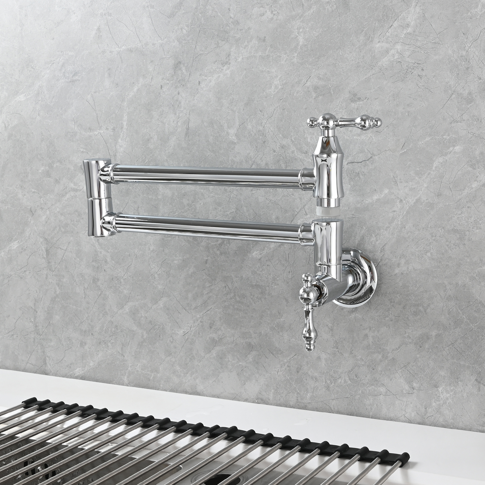 Tecmolog Brass Pot Filler Faucet Wall Mount Kitchen Faucet,Chrome Folding Faucet Stretchable Double Joint Swing Arm