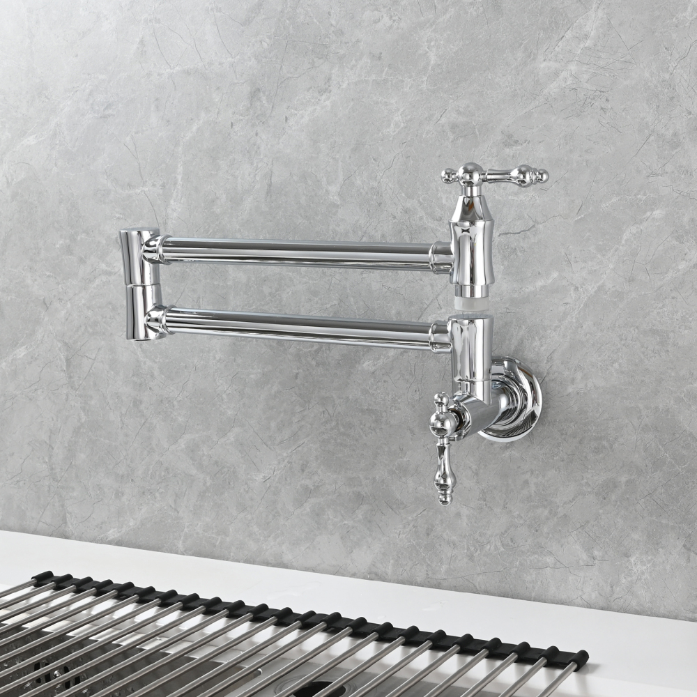 Tecmolog Brass Pot Filler Faucet Wall Mount Kitchen Faucet,Chrome Folding Faucet Stretchable Double Joint Swing Arm