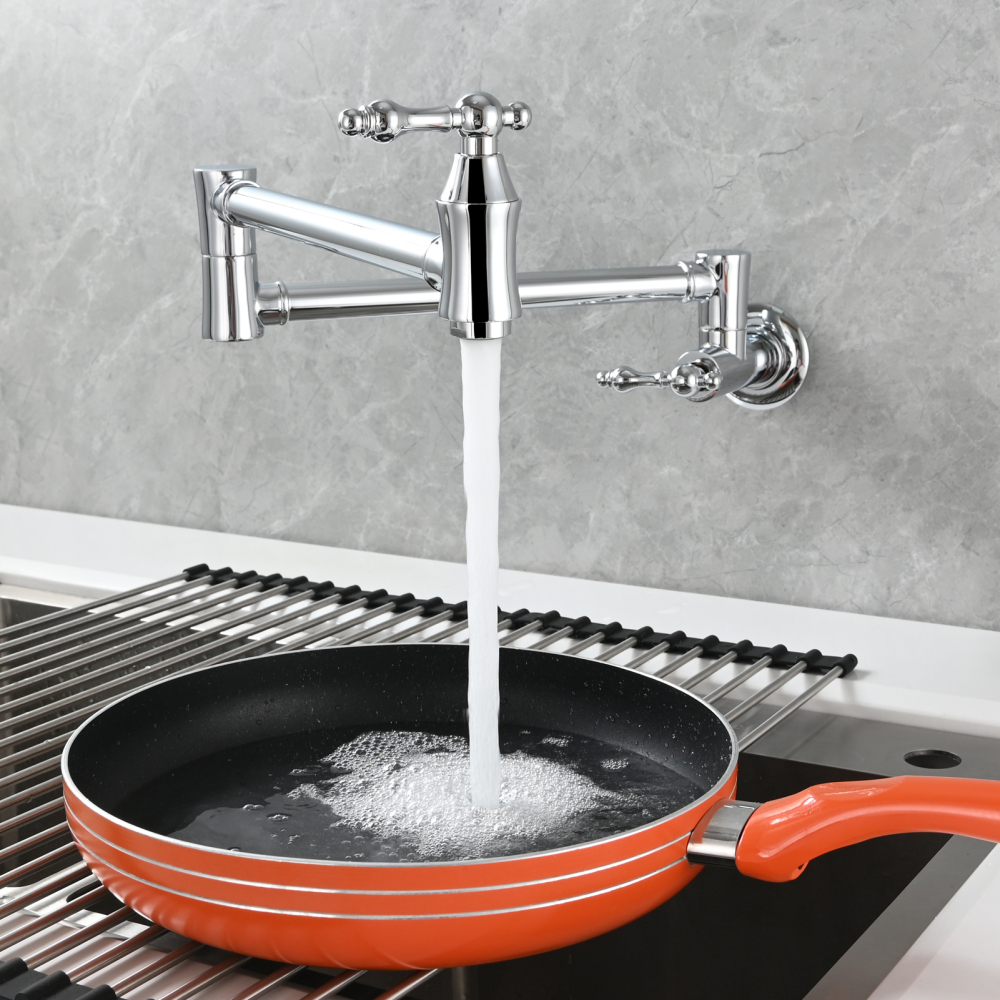 Tecmolog Brass Pot Filler Faucet Wall Mount Kitchen Faucet,Chrome Folding Faucet Stretchable Double Joint Swing Arm