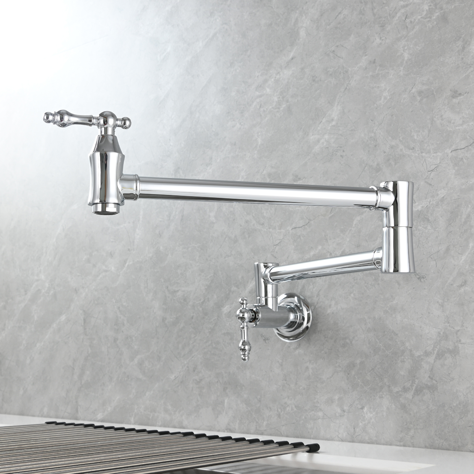 Tecmolog Brass Pot Filler Faucet Wall Mount Kitchen Faucet,Chrome Folding Faucet Stretchable Double Joint Swing Arm