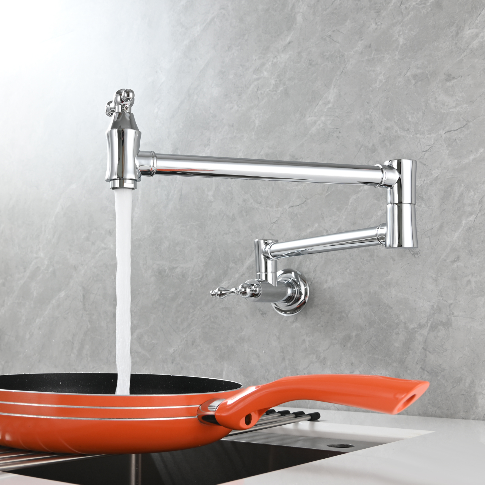 Tecmolog Brass Pot Filler Faucet Wall Mount Kitchen Faucet,Chrome Folding Faucet Stretchable Double Joint Swing Arm