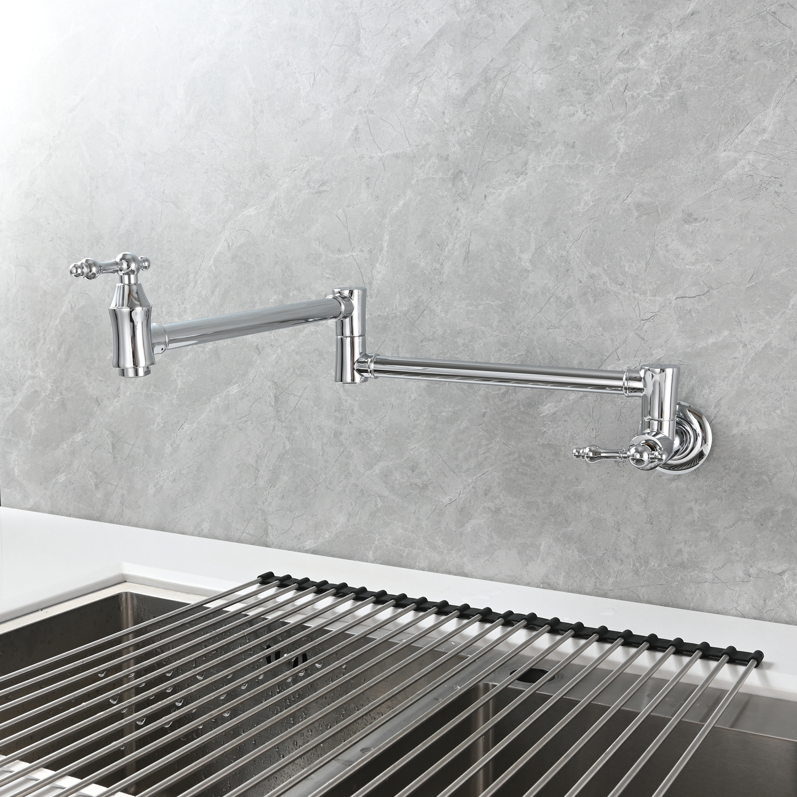 Tecmolog Brass Pot Filler Faucet Wall Mount Kitchen Faucet,Chrome Folding Faucet Stretchable Double Joint Swing Arm