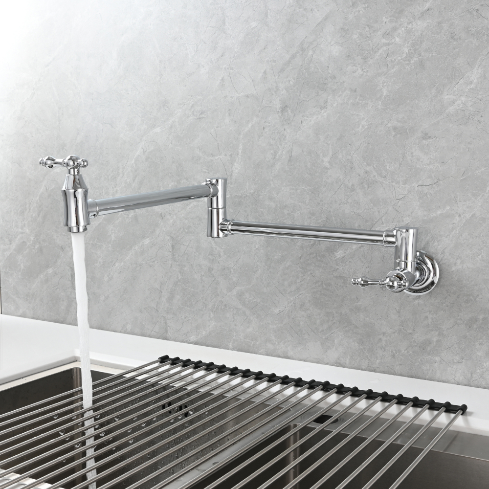 Tecmolog Brass Pot Filler Faucet Wall Mount Kitchen Faucet,Chrome Folding Faucet Stretchable Double Joint Swing Arm