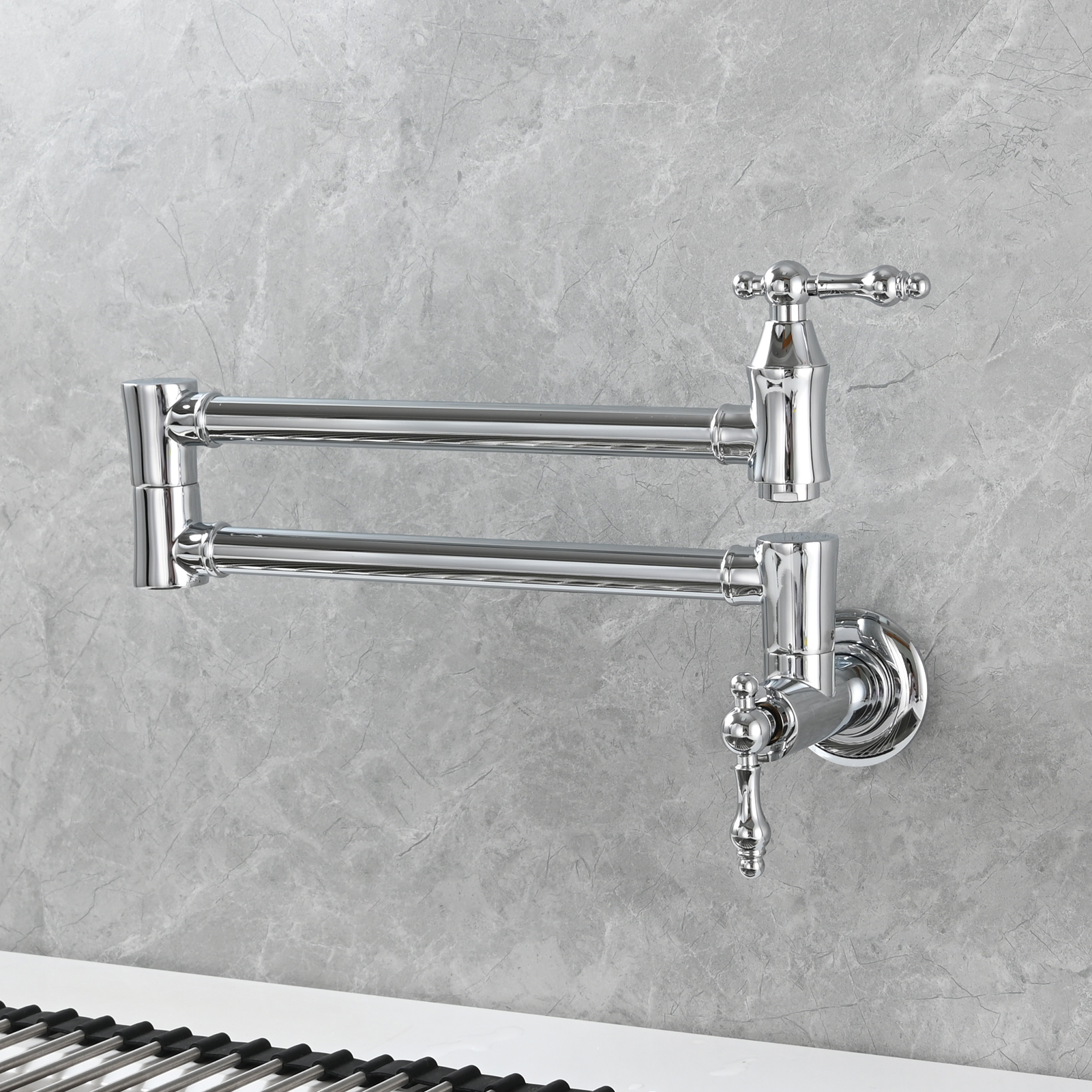 Tecmolog Brass Pot Filler Faucet Wall Mount Kitchen Faucet,Chrome Folding Faucet Stretchable Double Joint Swing Arm