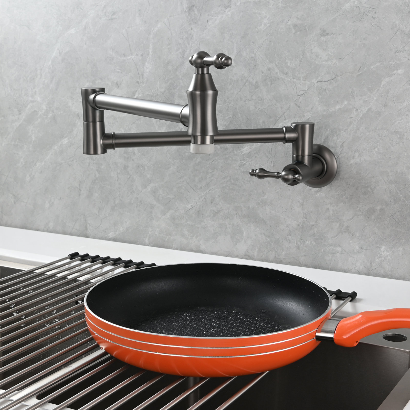 Tecmolog Brass Pot Filler Faucet Wall Mount Kitchen Faucet,Chrome Folding Faucet Stretchable Double Joint Swing Arm