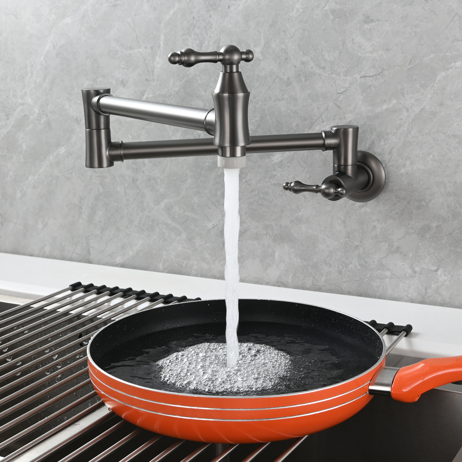 Tecmolog Brass Pot Filler Faucet Wall Mount Kitchen Faucet,Chrome Folding Faucet Stretchable Double Joint Swing Arm