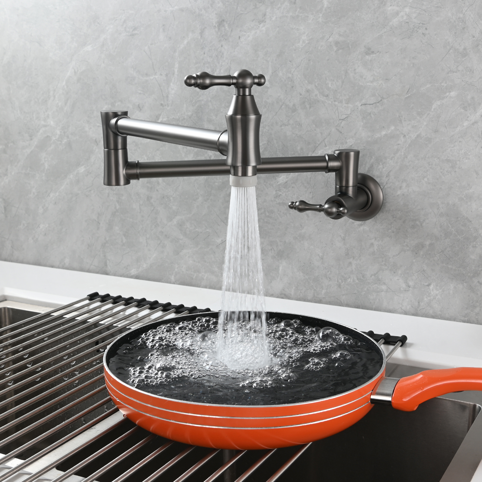 Tecmolog Brass Pot Filler Faucet Wall Mount Kitchen Faucet,Chrome Folding Faucet Stretchable Double Joint Swing Arm