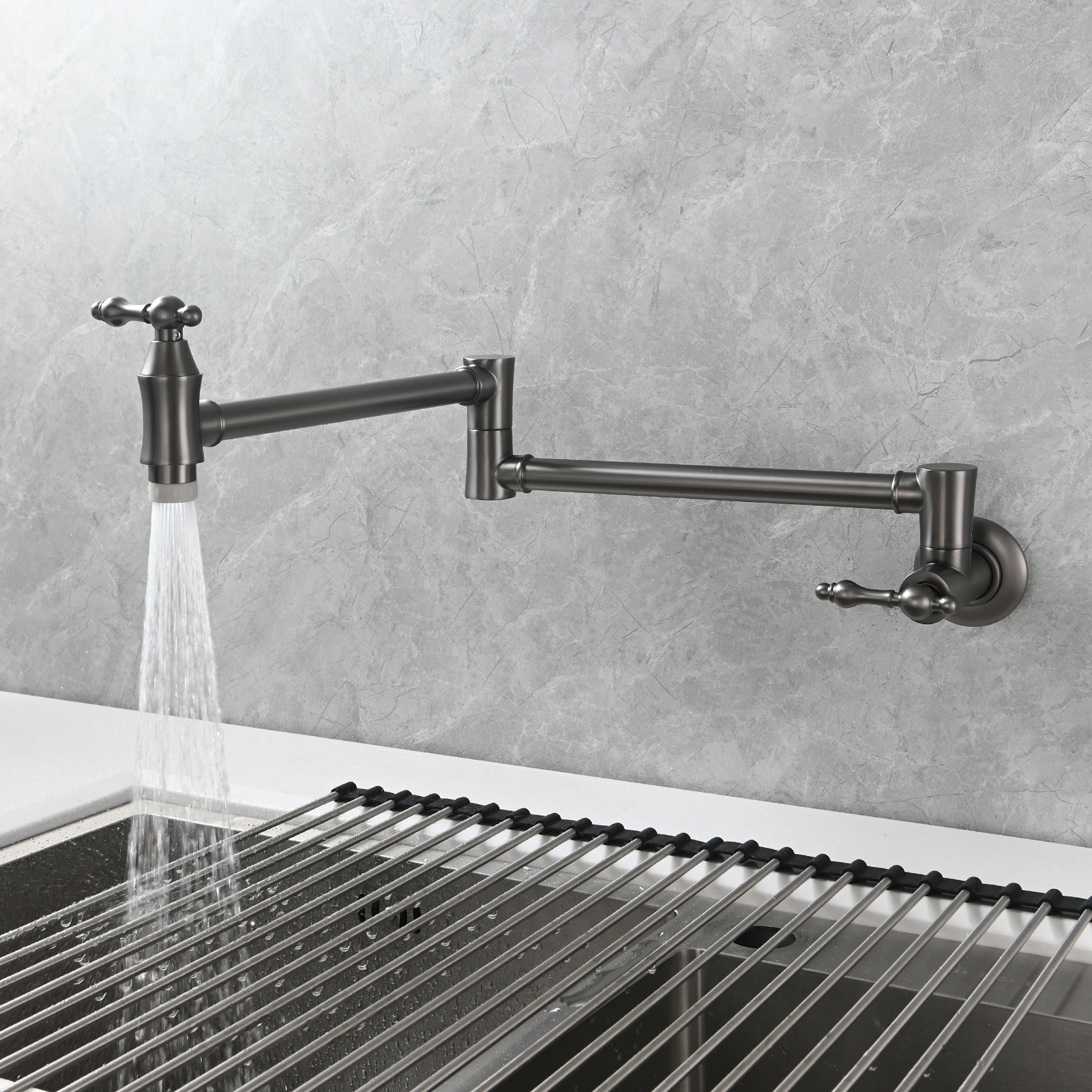 Tecmolog Brass Pot Filler Faucet Wall Mount Kitchen Faucet,Chrome Folding Faucet Stretchable Double Joint Swing Arm