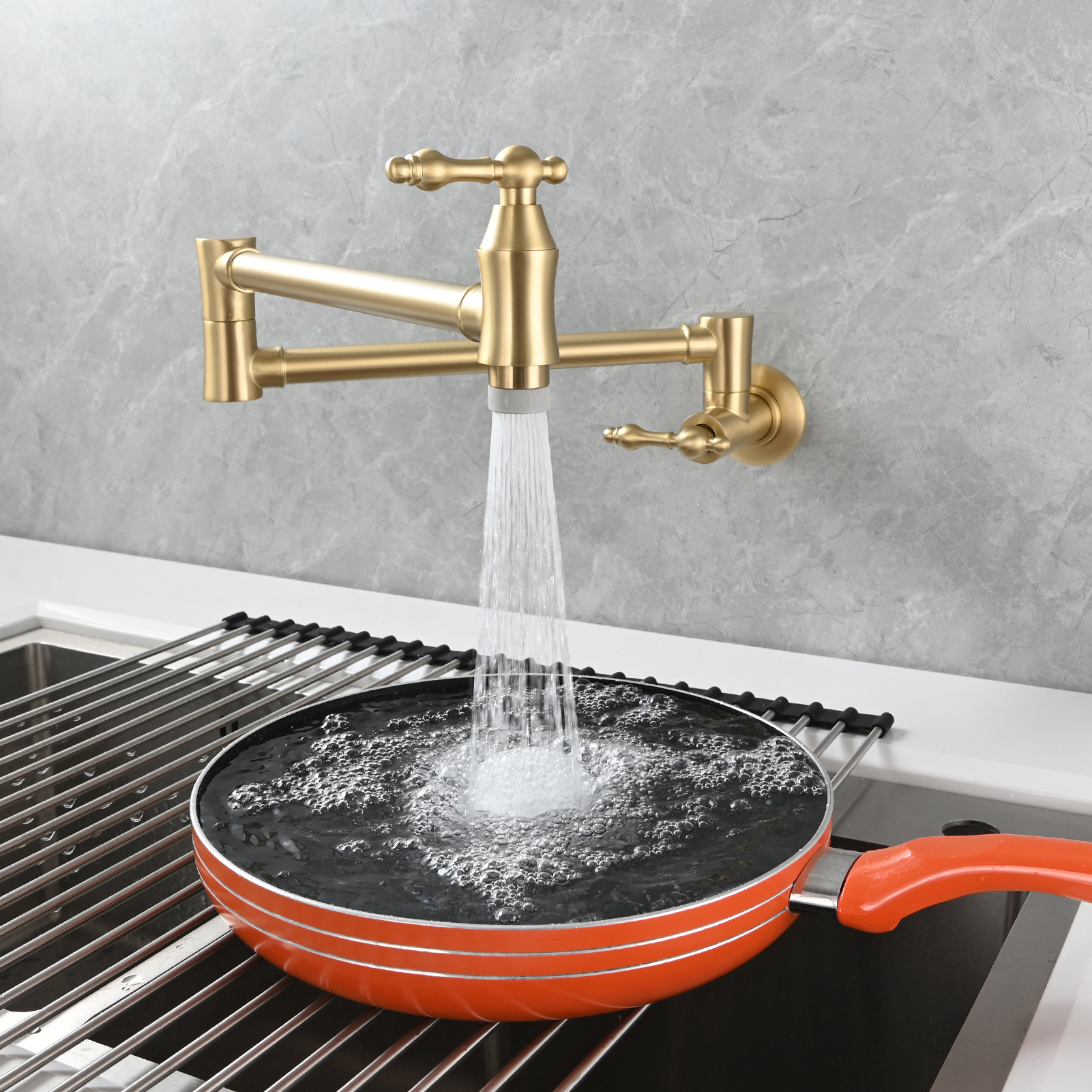 Tecmolog Brass Pot Filler Faucet Wall Mount Kitchen Faucet,Chrome Folding Faucet Stretchable Double Joint Swing Arm
