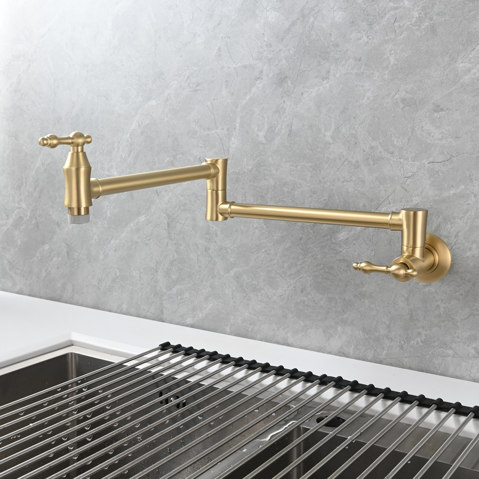 Tecmolog Brass Pot Filler Faucet Wall Mount Kitchen Faucet,Chrome Folding Faucet Stretchable Double Joint Swing Arm
