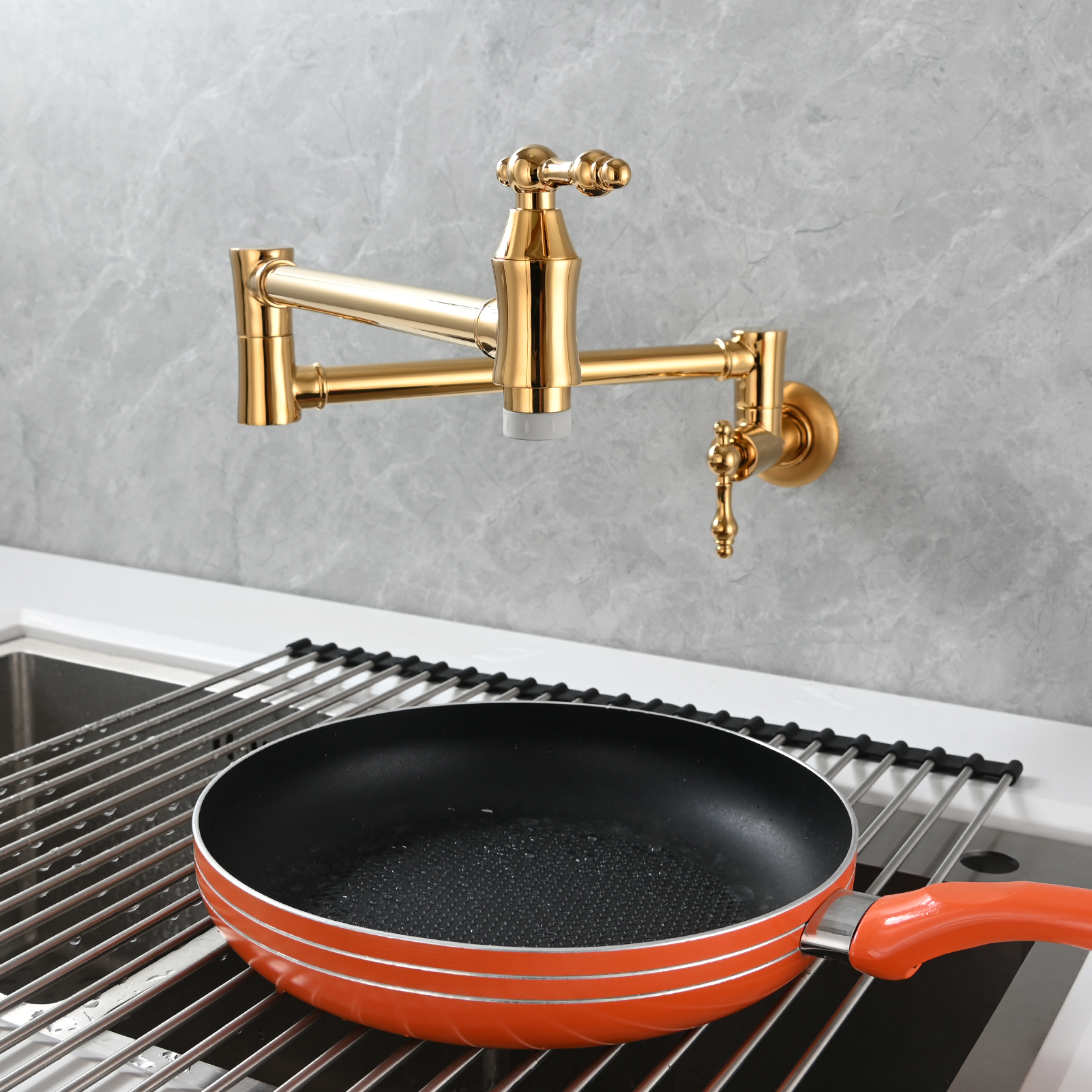 Tecmolog Brass Pot Filler Faucet Wall Mount Kitchen Faucet,Chrome Folding Faucet Stretchable Double Joint Swing Arm