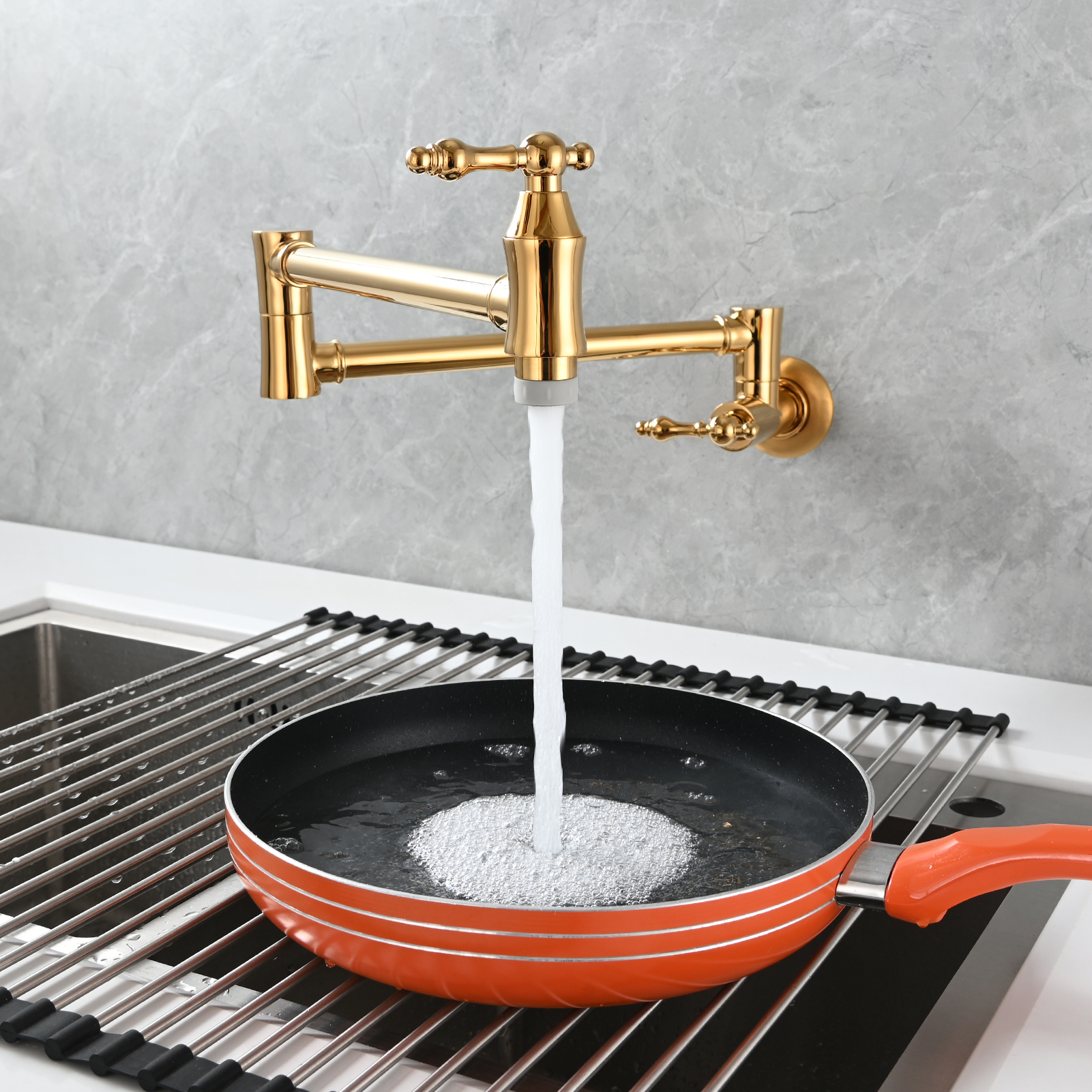 Tecmolog Brass Pot Filler Faucet Wall Mount Kitchen Faucet,Chrome Folding Faucet Stretchable Double Joint Swing Arm