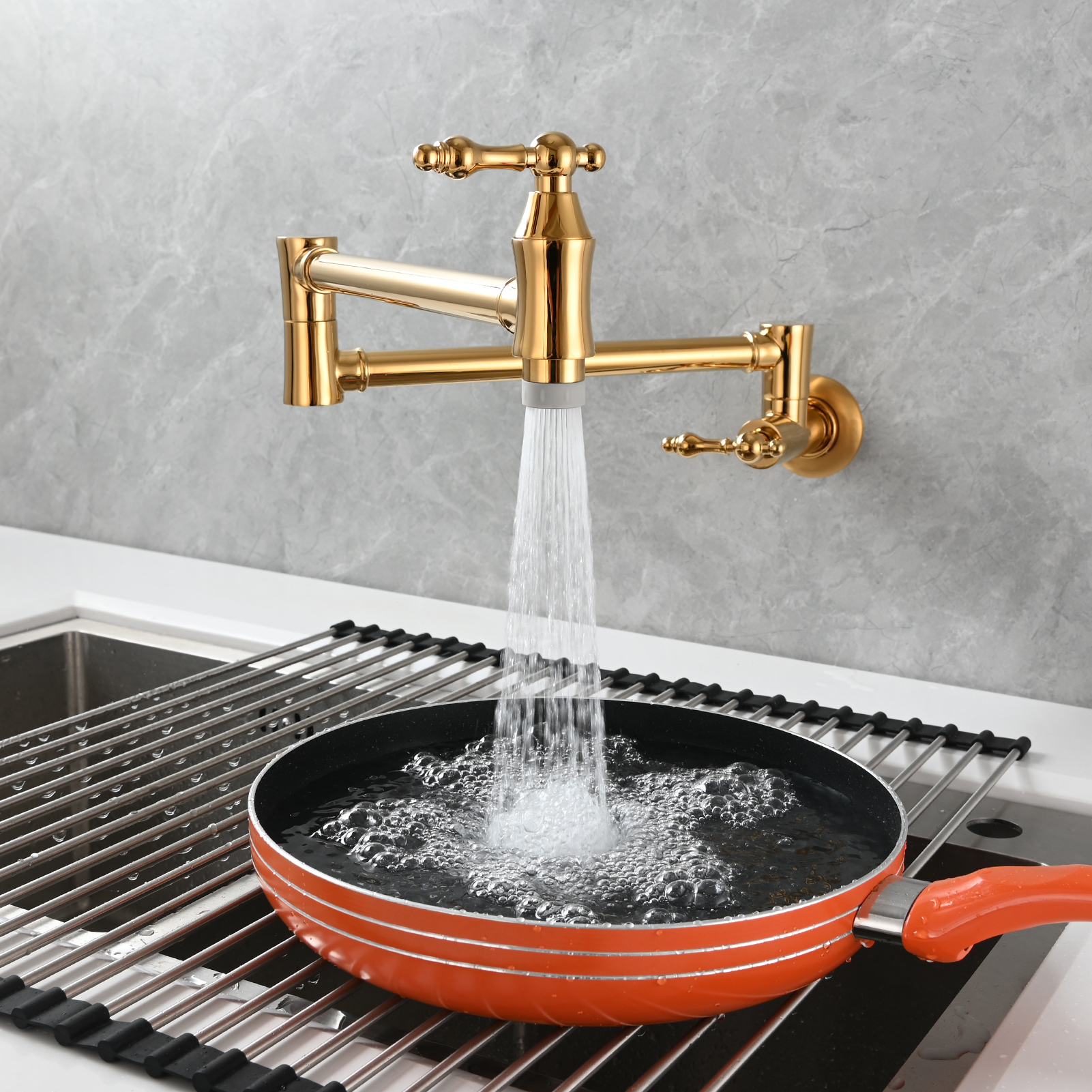 Tecmolog Brass Pot Filler Faucet Wall Mount Kitchen Faucet,Chrome Folding Faucet Stretchable Double Joint Swing Arm