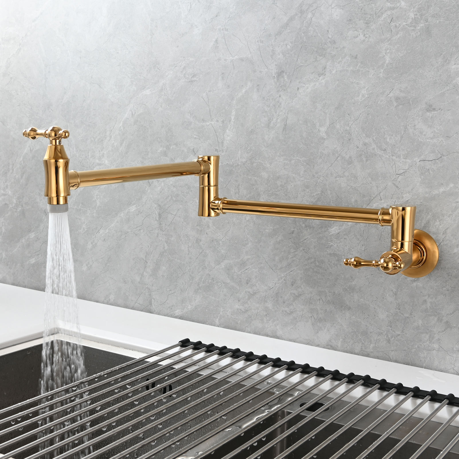 Tecmolog Brass Pot Filler Faucet Wall Mount Kitchen Faucet,Chrome Folding Faucet Stretchable Double Joint Swing Arm
