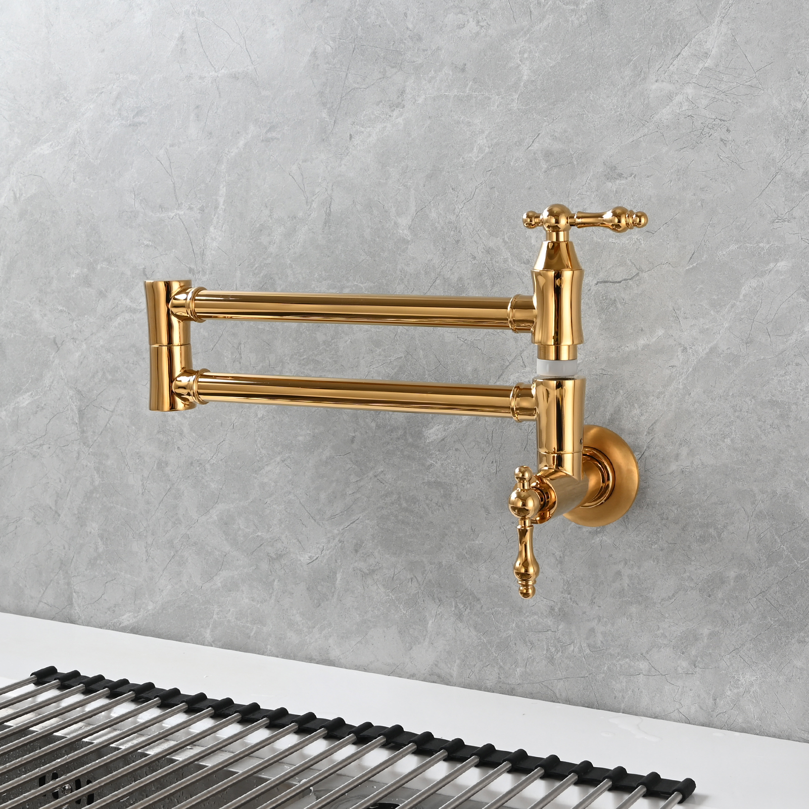 Tecmolog Brass Pot Filler Faucet Wall Mount Kitchen Faucet,Chrome Folding Faucet Stretchable Double Joint Swing Arm