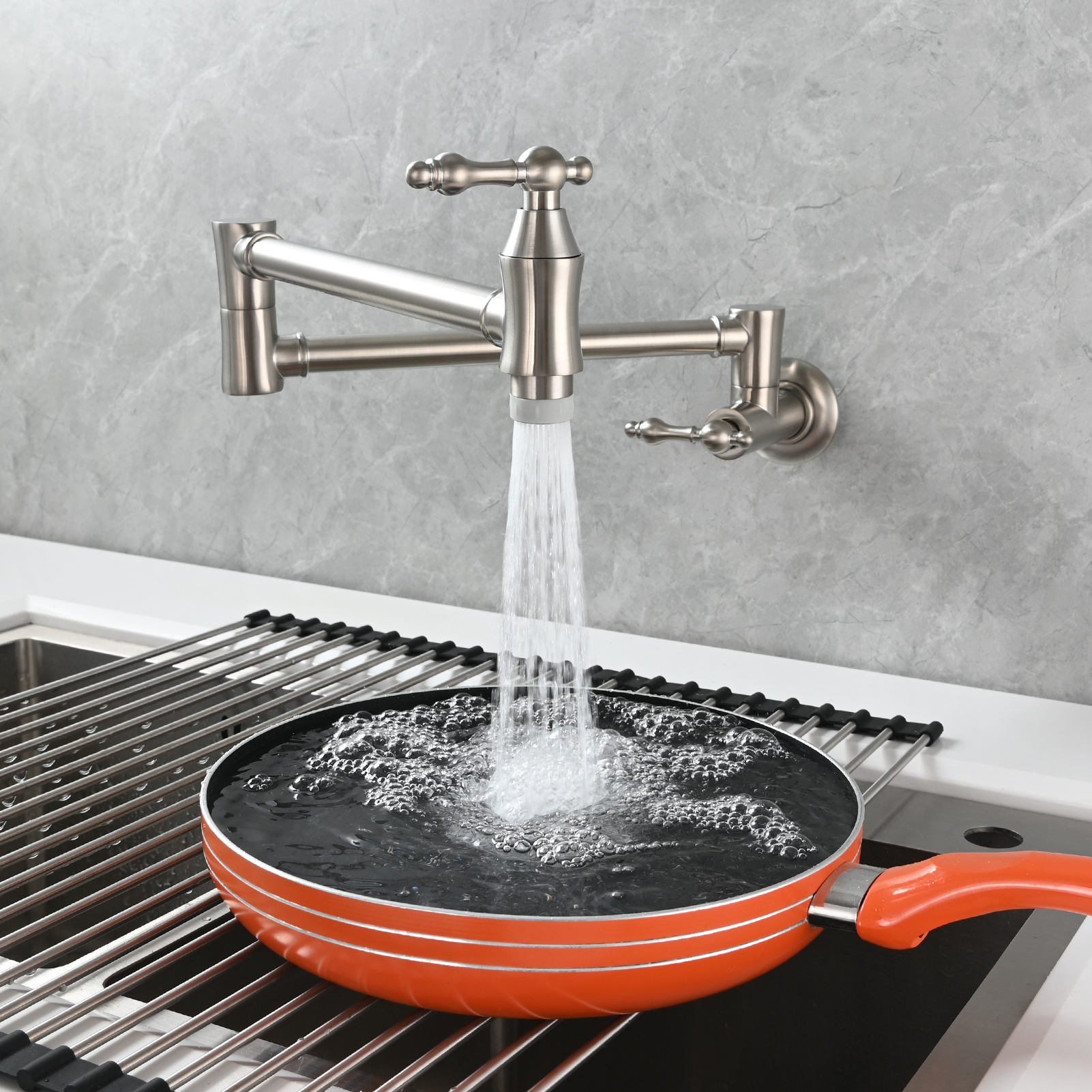 Tecmolog Brass Pot Filler Faucet Wall Mount Kitchen Faucet,Chrome Folding Faucet Stretchable Double Joint Swing Arm