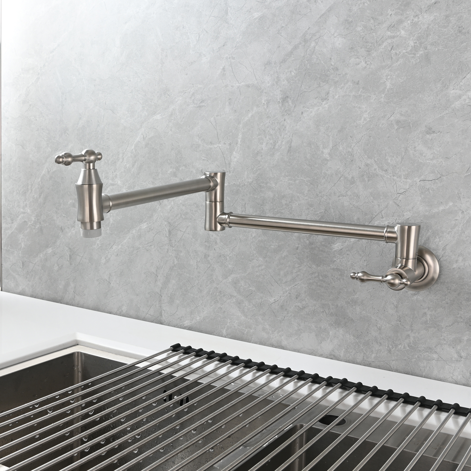 Tecmolog Brass Pot Filler Faucet Wall Mount Kitchen Faucet,Chrome Folding Faucet Stretchable Double Joint Swing Arm