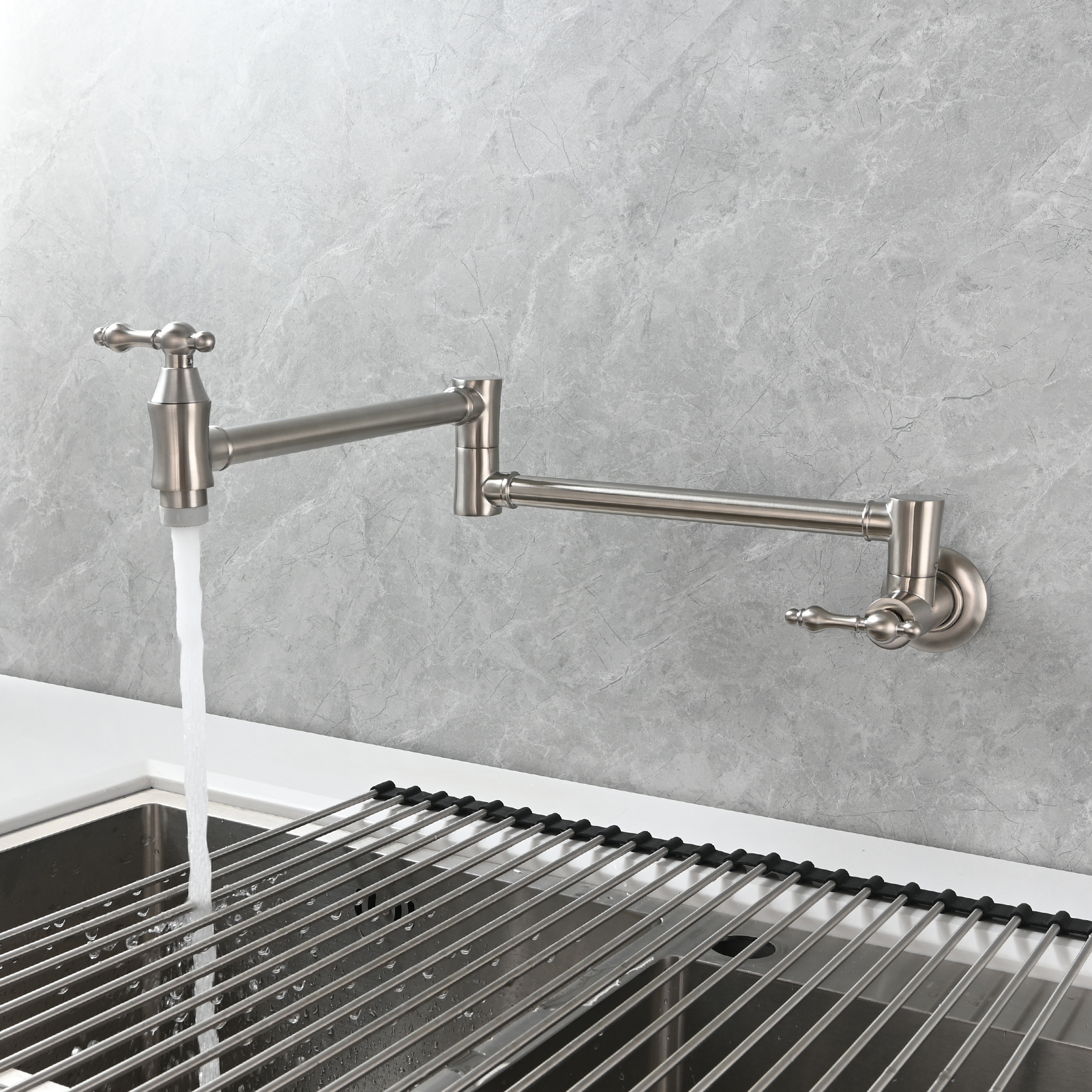 Tecmolog Brass Pot Filler Faucet Wall Mount Kitchen Faucet,Chrome Folding Faucet Stretchable Double Joint Swing Arm