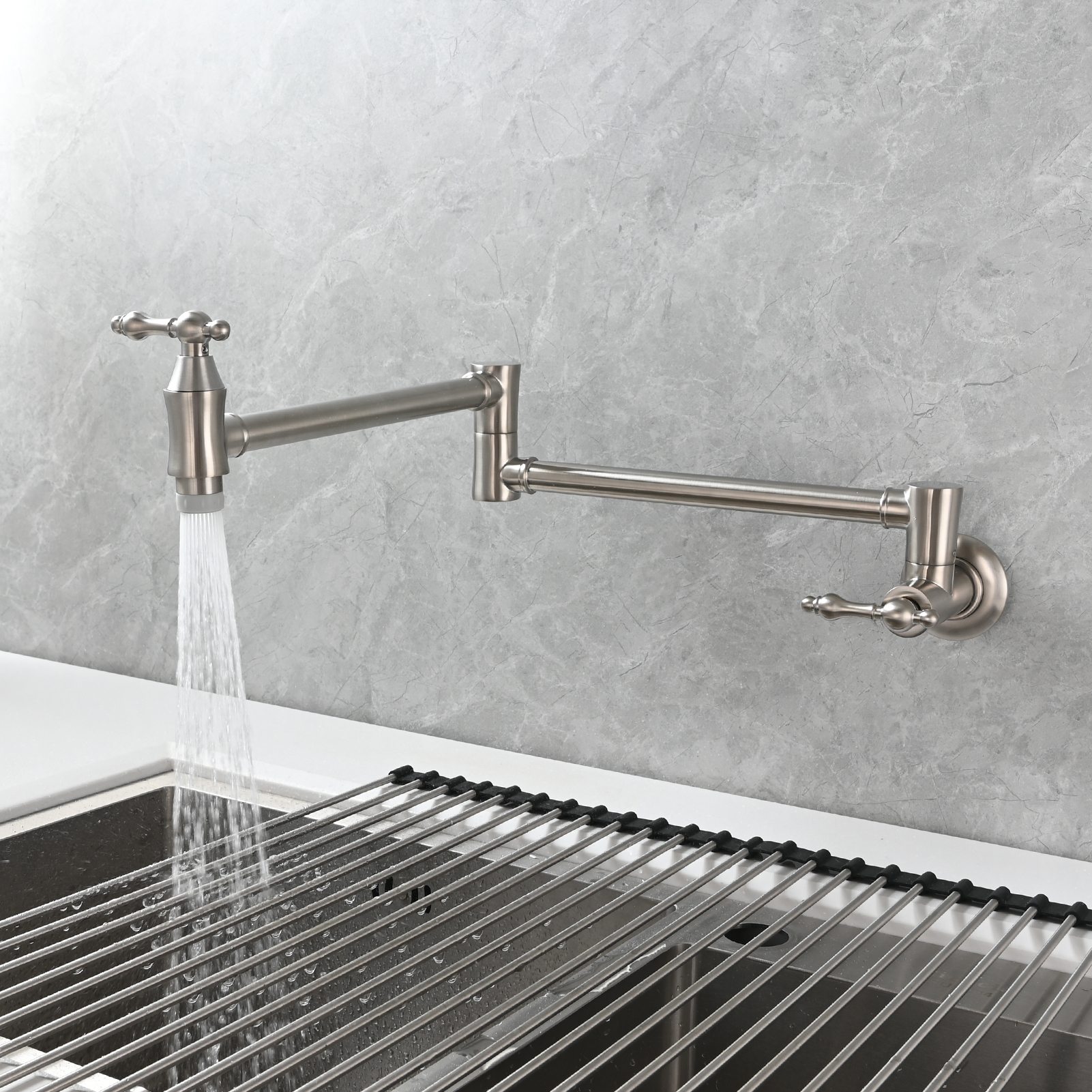 Tecmolog Brass Pot Filler Faucet Wall Mount Kitchen Faucet,Chrome Folding Faucet Stretchable Double Joint Swing Arm