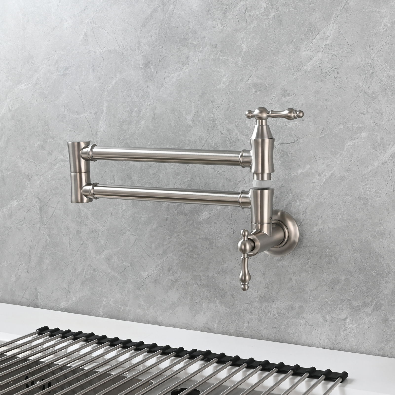 Tecmolog Brass Pot Filler Faucet Wall Mount Kitchen Faucet,Chrome Folding Faucet Stretchable Double Joint Swing Arm