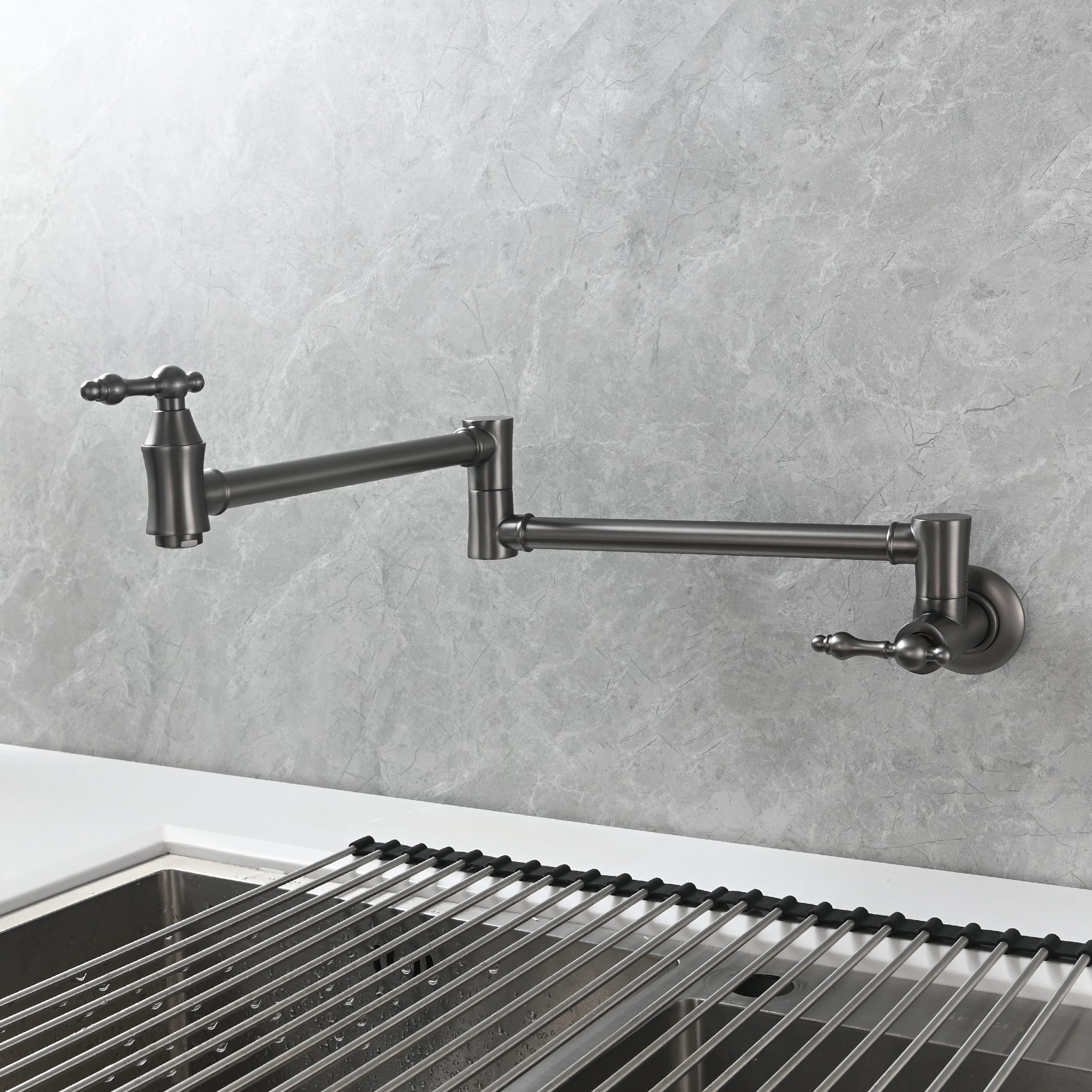 Tecmolog Brass Pot Filler Faucet Wall Mount Kitchen Faucet,Chrome Folding Faucet Stretchable Double Joint Swing Arm