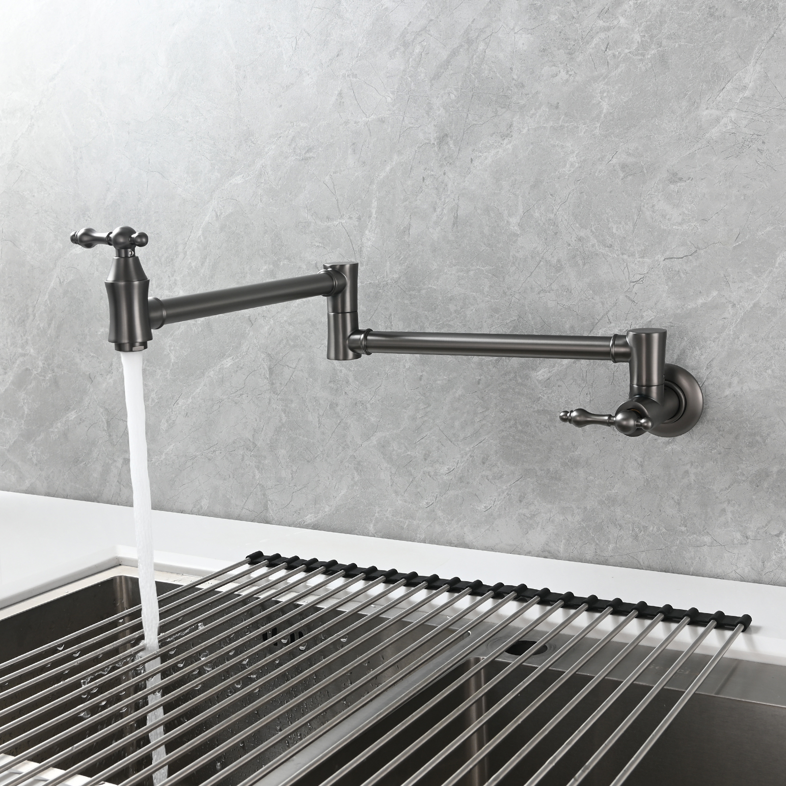 Tecmolog Brass Pot Filler Faucet Wall Mount Kitchen Faucet,Chrome Folding Faucet Stretchable Double Joint Swing Arm
