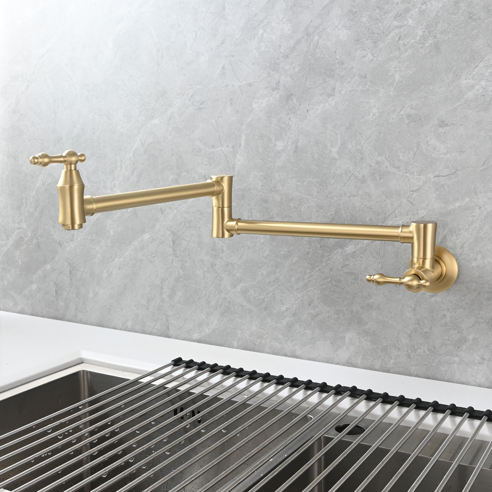 Tecmolog Brass Pot Filler Faucet Wall Mount Kitchen Faucet,Chrome Folding Faucet Stretchable Double Joint Swing Arm