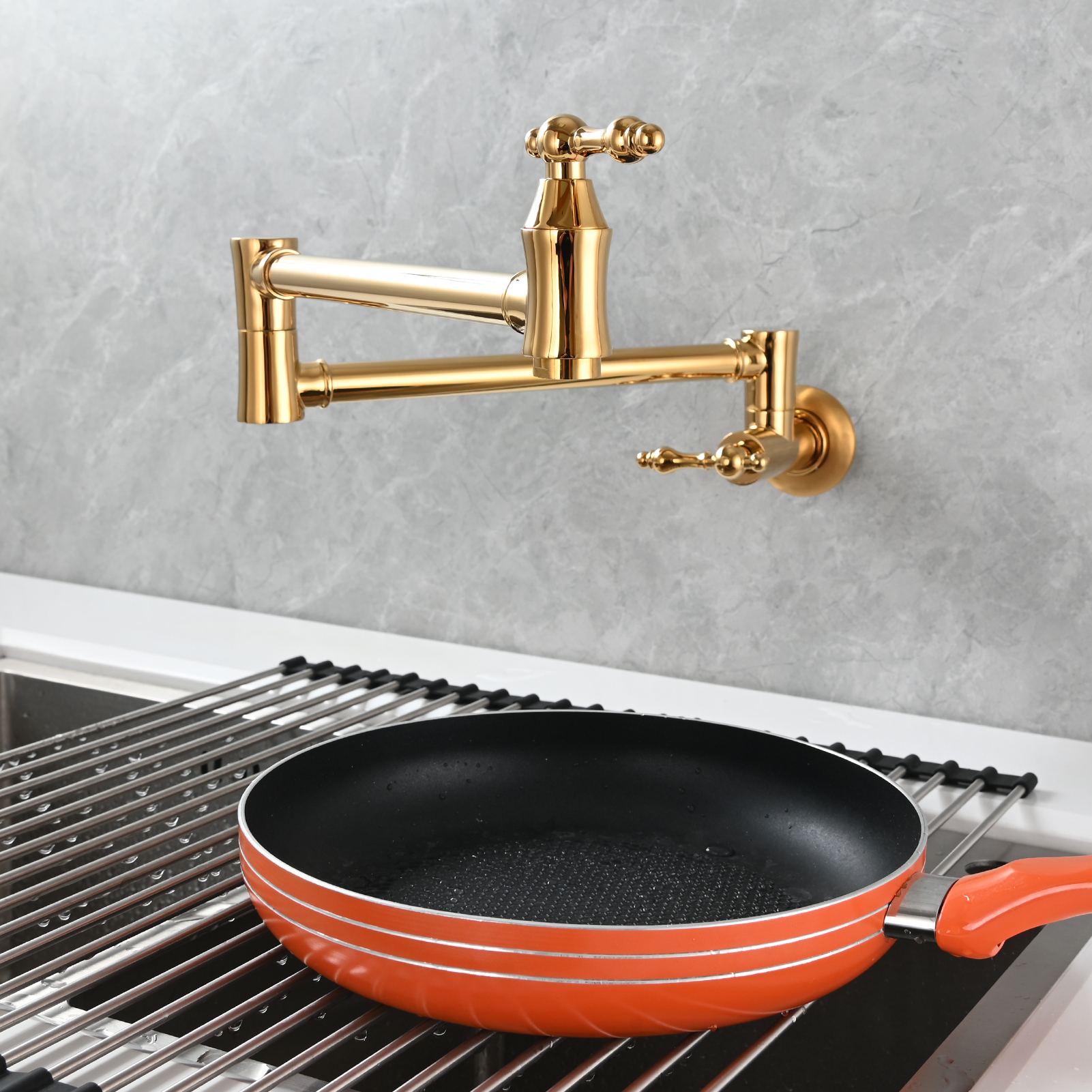 Tecmolog Brass Pot Filler Faucet Wall Mount Kitchen Faucet,Chrome Folding Faucet Stretchable Double Joint Swing Arm