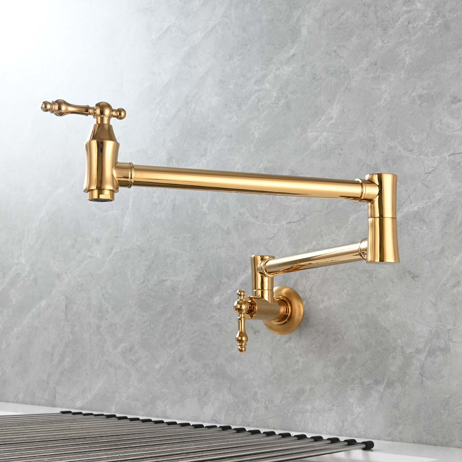 Tecmolog Brass Pot Filler Faucet Wall Mount Kitchen Faucet,Chrome Folding Faucet Stretchable Double Joint Swing Arm