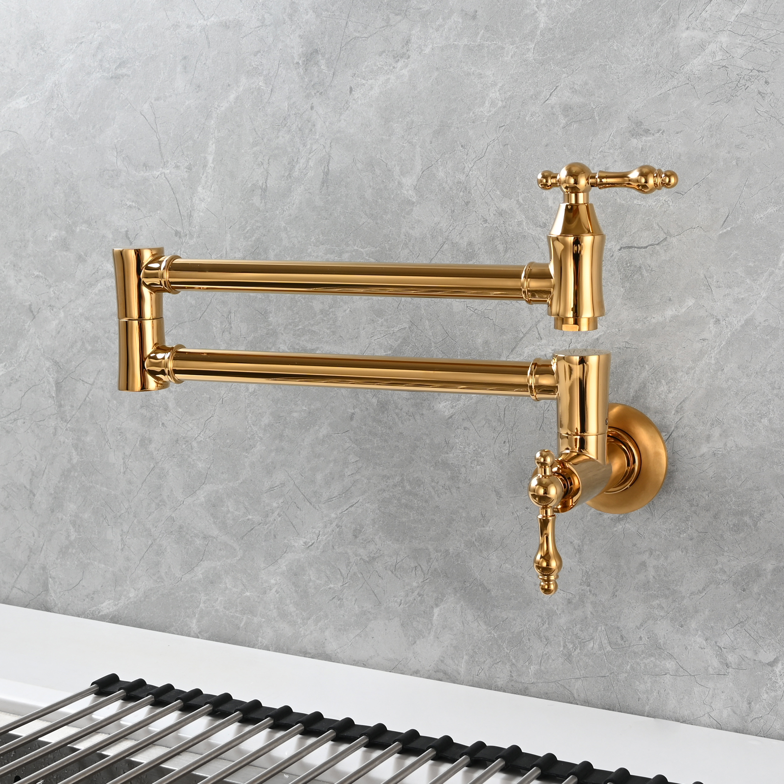 Tecmolog Brass Pot Filler Faucet Wall Mount Kitchen Faucet,Chrome Folding Faucet Stretchable Double Joint Swing Arm