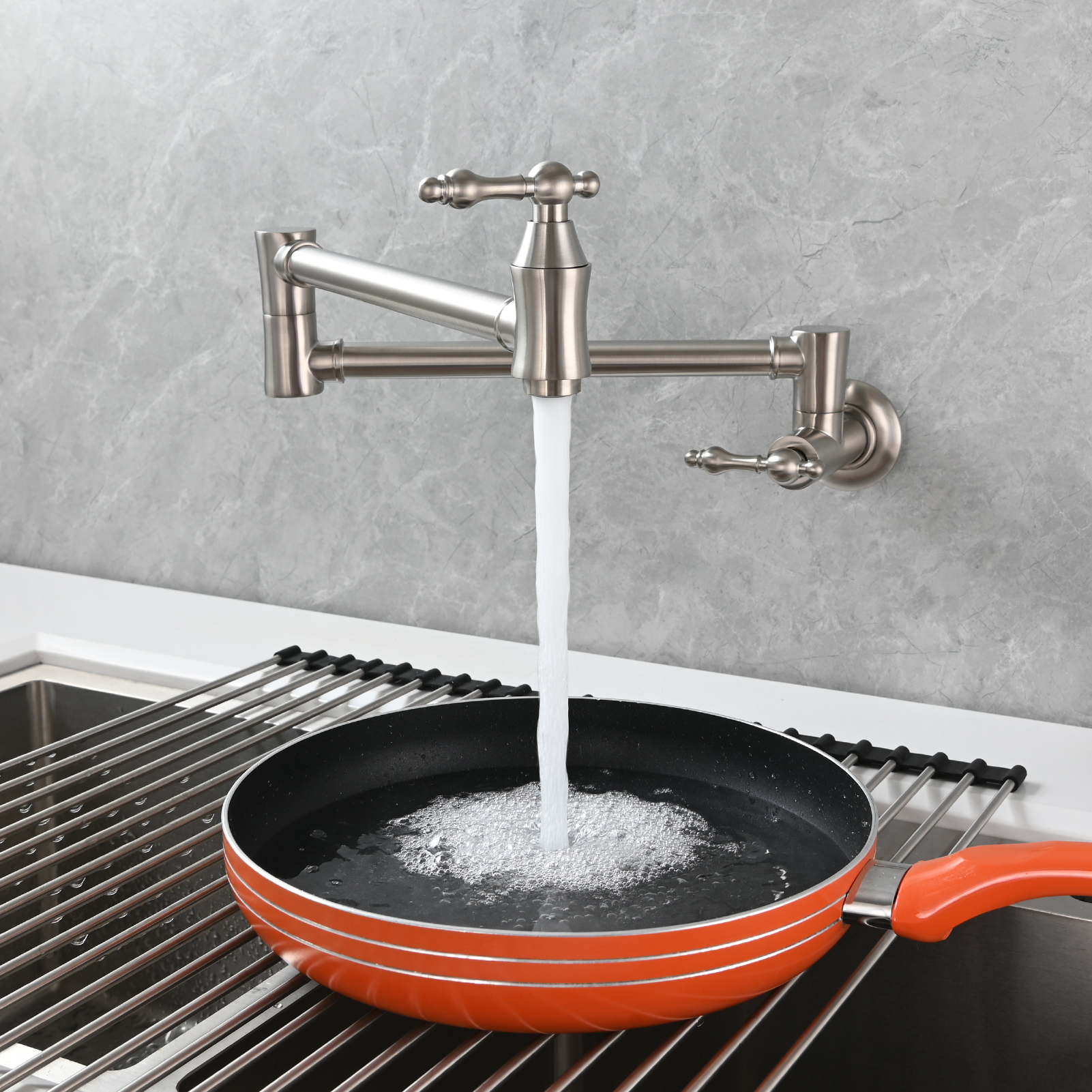 Tecmolog Brass Pot Filler Faucet Wall Mount Kitchen Faucet,Chrome Folding Faucet Stretchable Double Joint Swing Arm