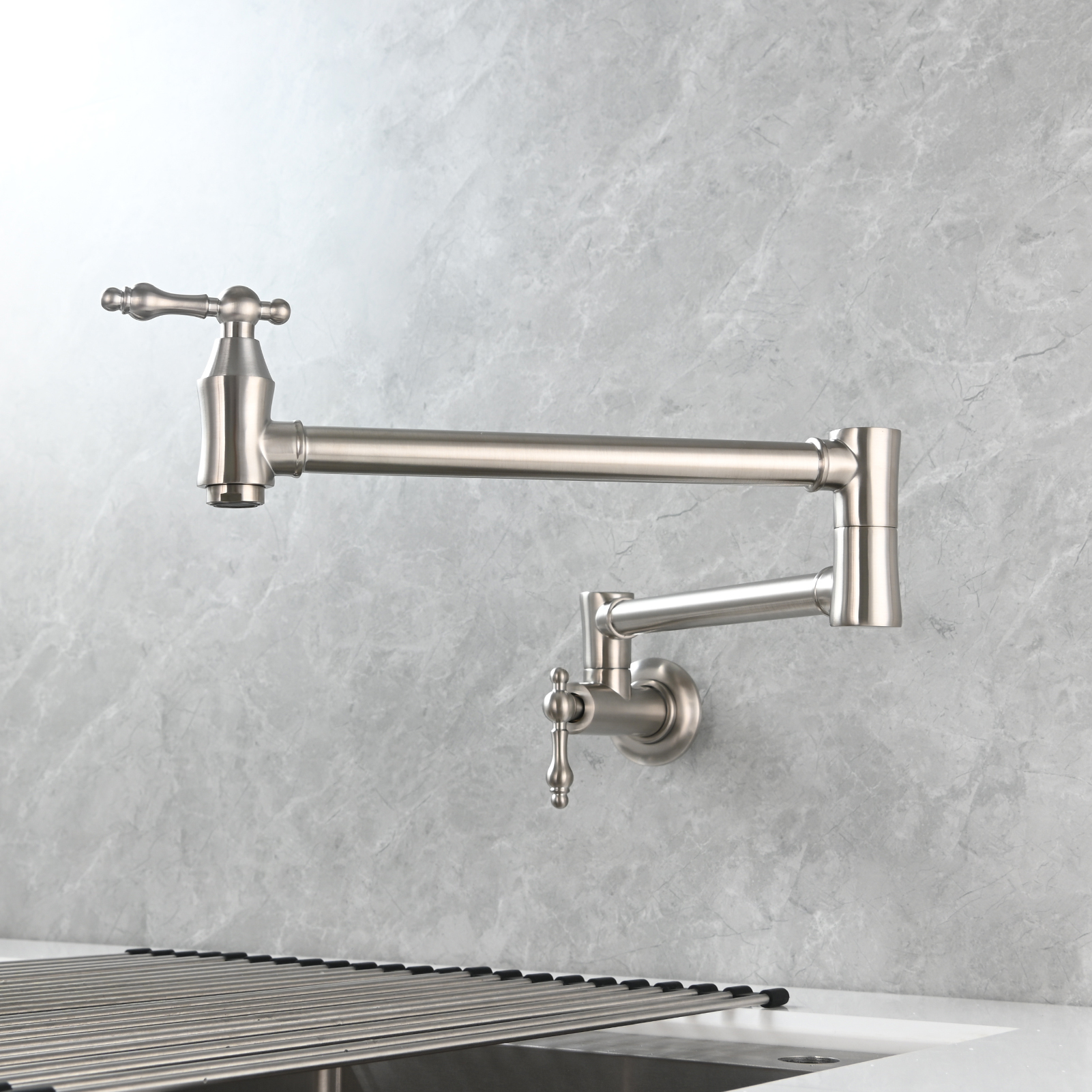 Tecmolog Brass Pot Filler Faucet Wall Mount Kitchen Faucet,Chrome Folding Faucet Stretchable Double Joint Swing Arm