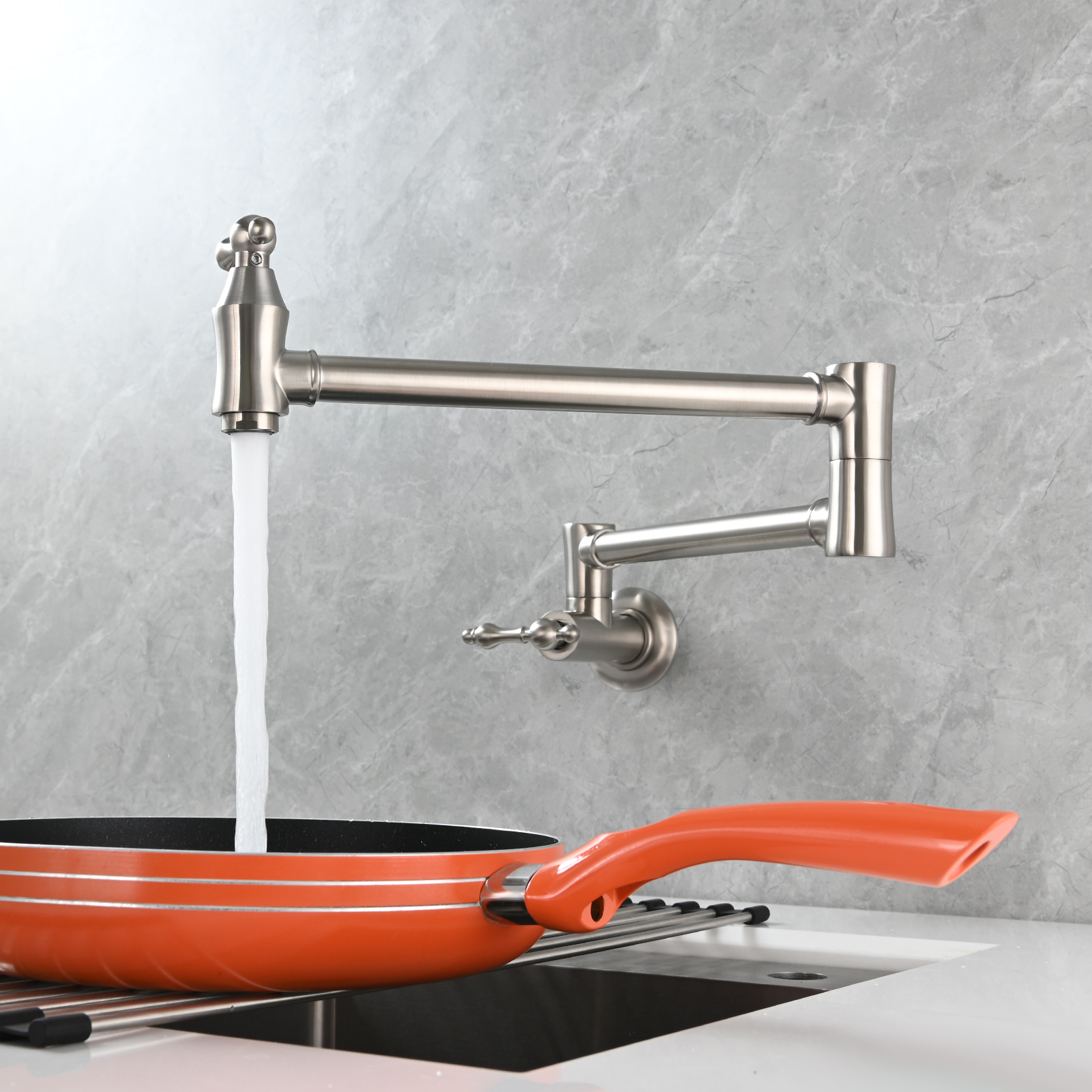 Tecmolog Brass Pot Filler Faucet Wall Mount Kitchen Faucet,Chrome Folding Faucet Stretchable Double Joint Swing Arm